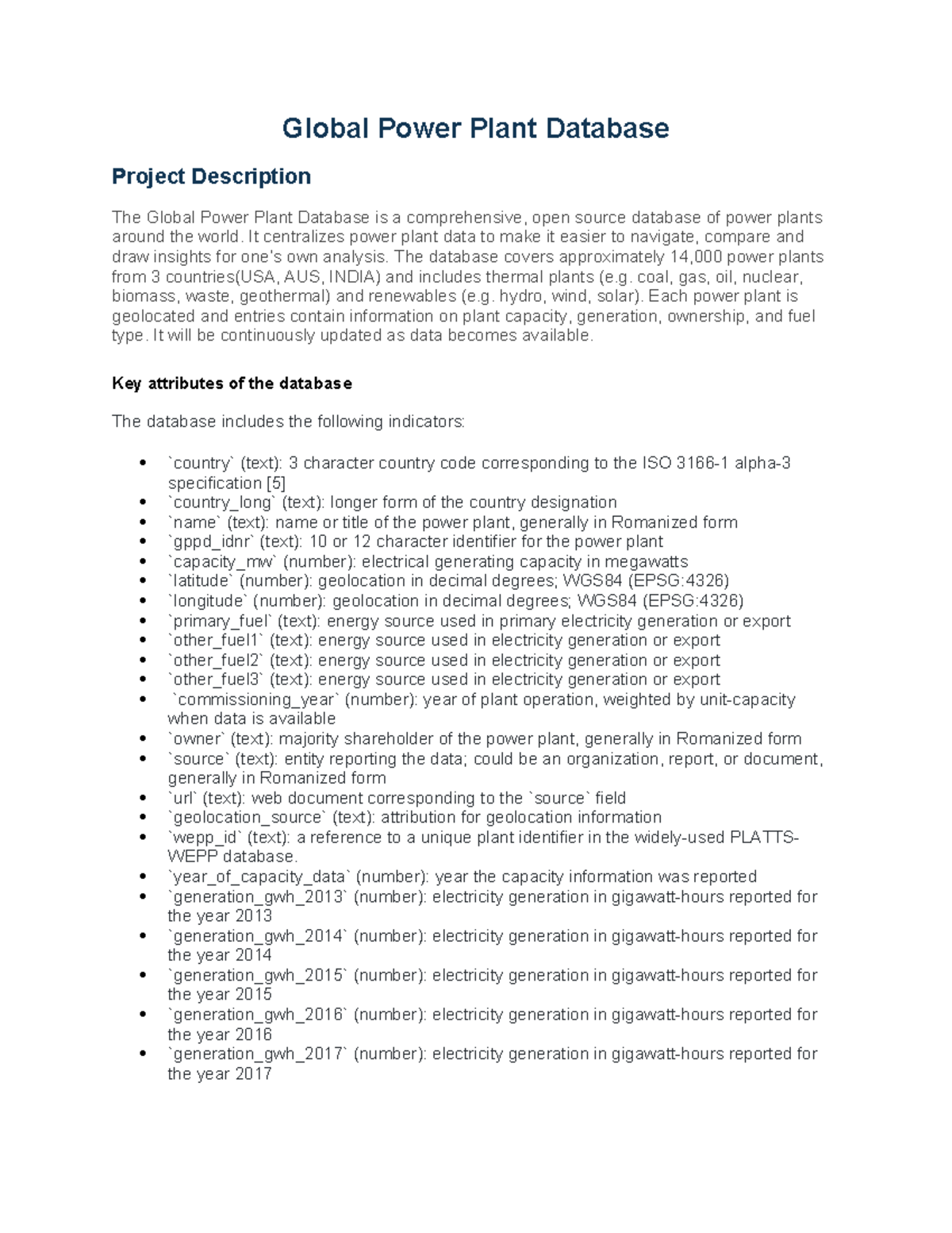 Global Power Plant Database: Second Phase Evaluation Projects Overview -  Studocu
