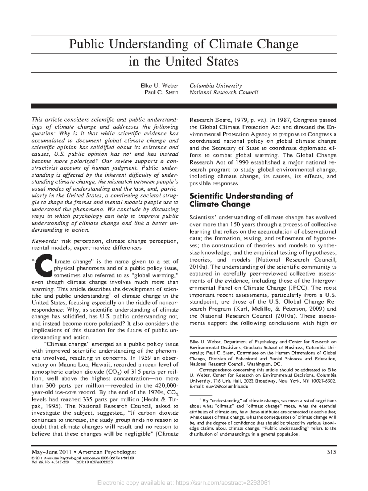Public Understanding of Climate Change in the U.S.: A Psychological ...