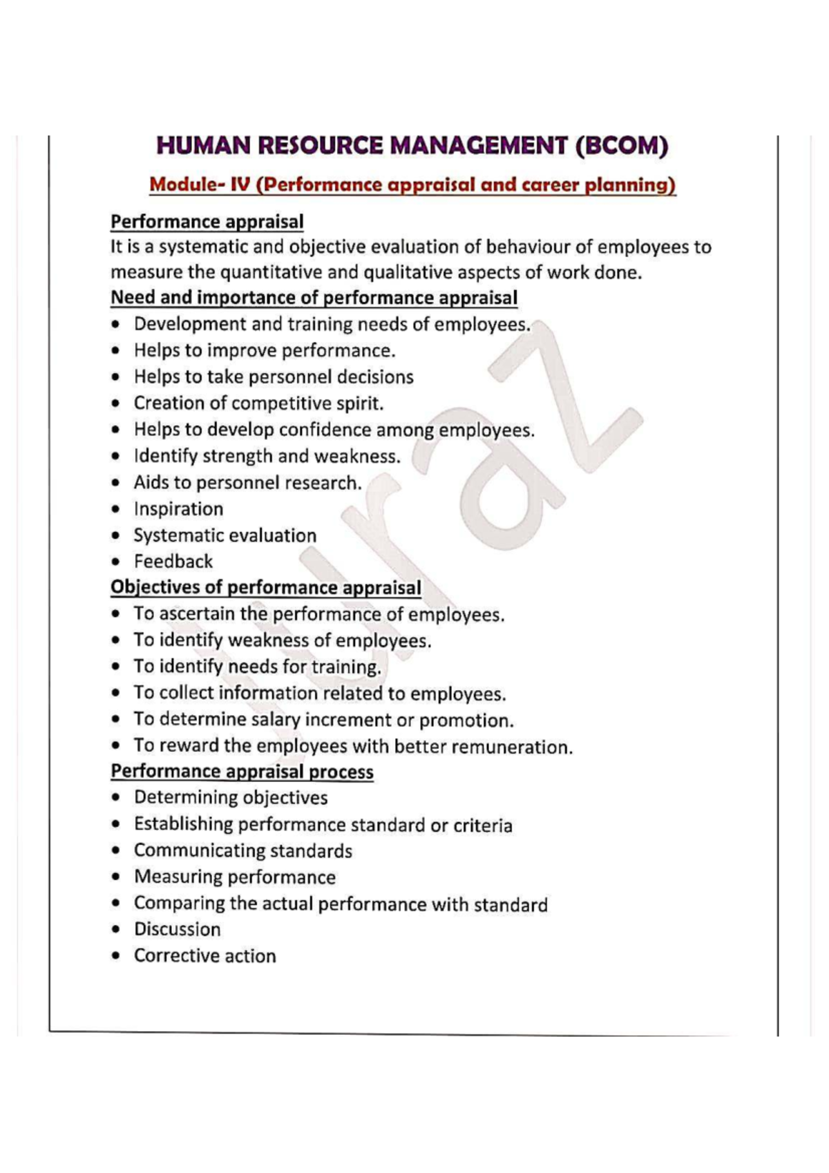 HUMAN RESOURCE MANAGEMENT (BCOM) IV: Performance Appraisal & Career ...