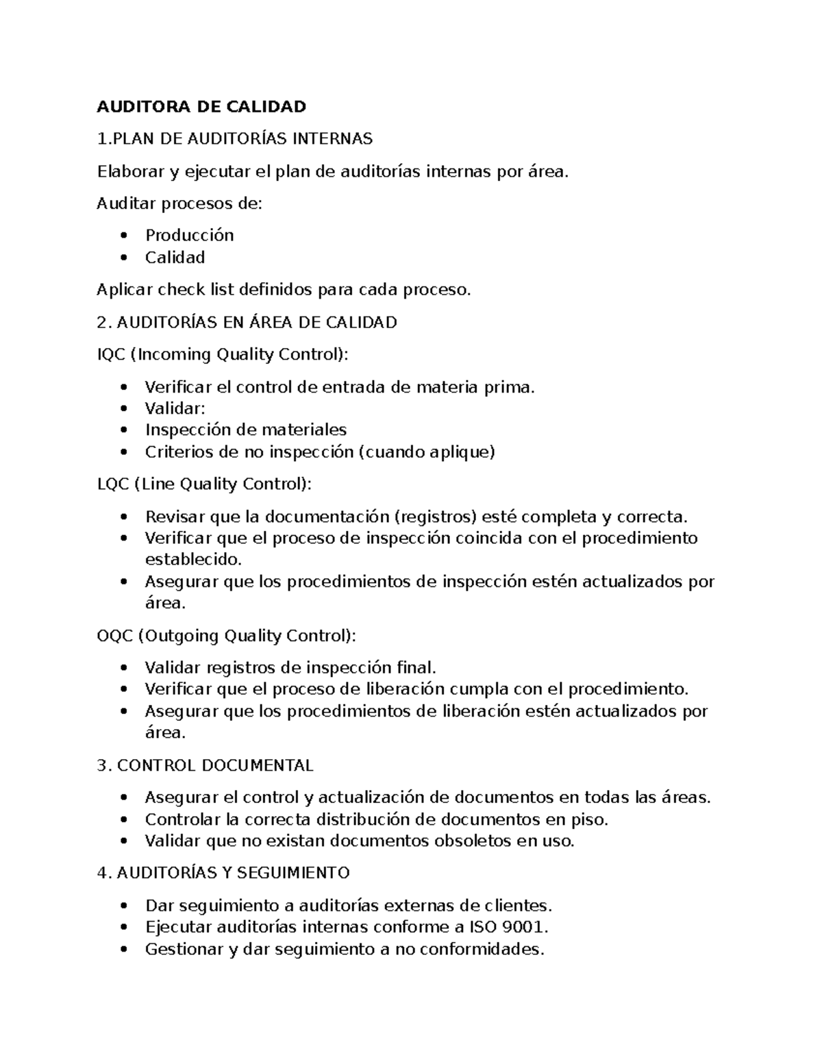 AUDITORA DE CALIDAD 1: PLAN DE AUDITORÍAS INTERNAS y Procedimientos ...