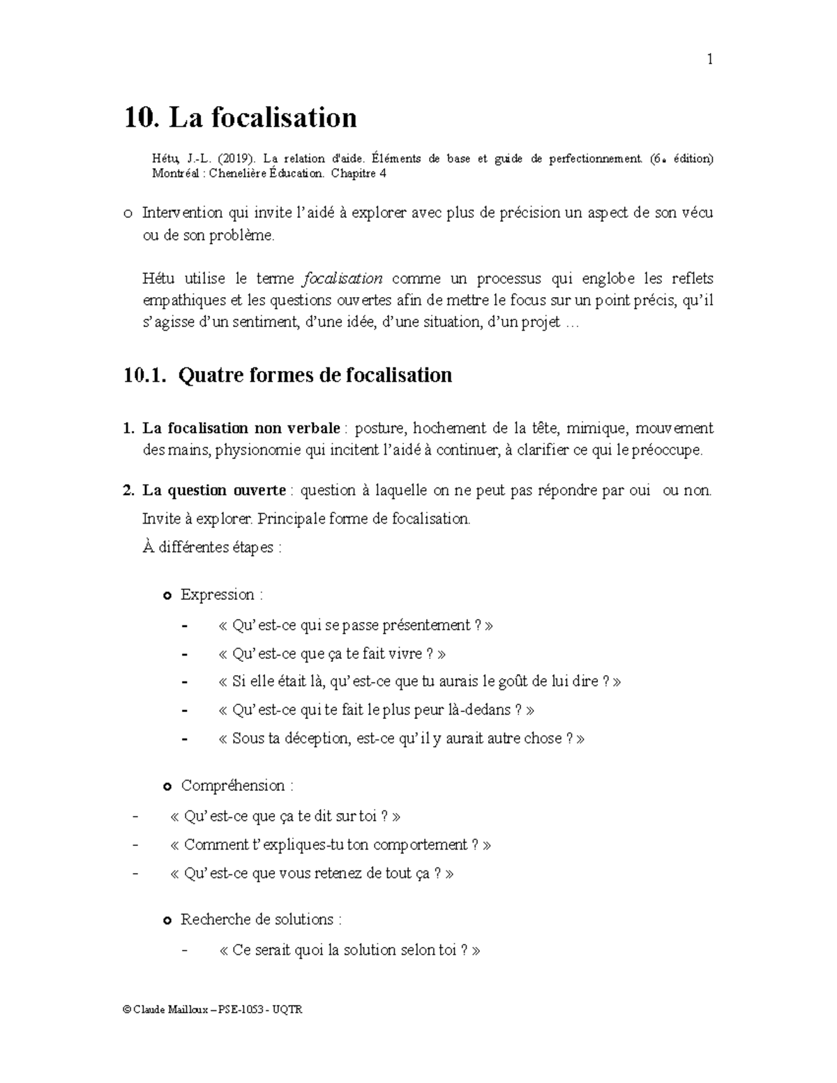 Chapitre 10 : La Focalisation en Relation d'Aide (Cours Hétu) - Studocu