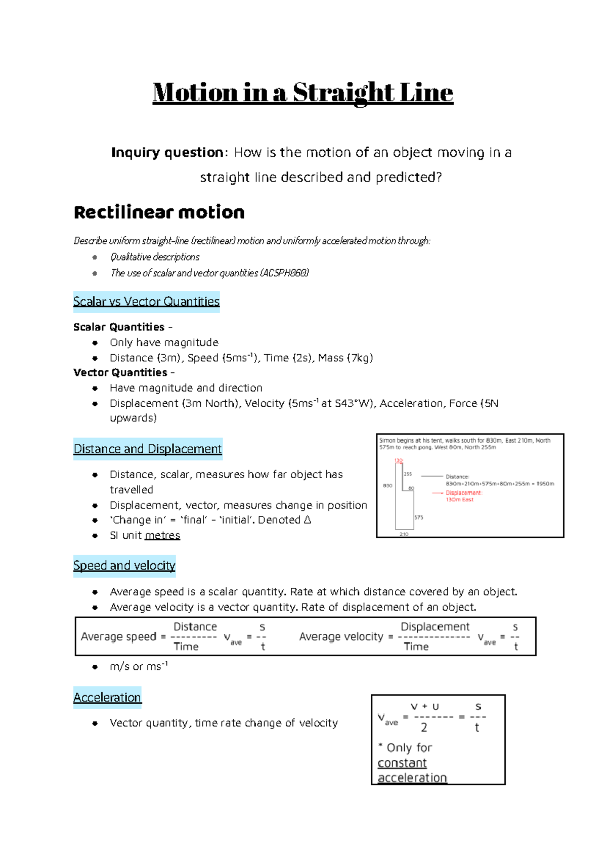 Physics Module 1 Notes: Motion in a Straight Line (ACSPH060, ACSPH061 ...