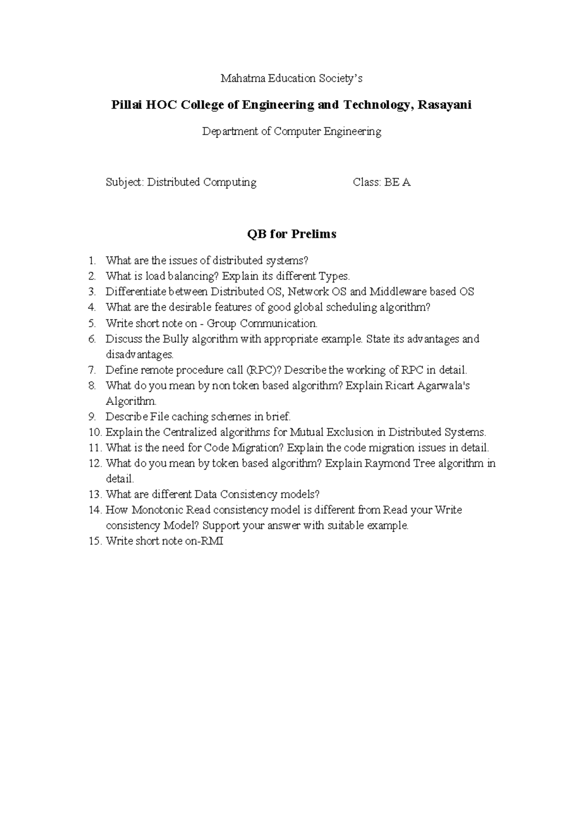 BE A Distributed Computing Prelims Practice Question Paper - Studocu