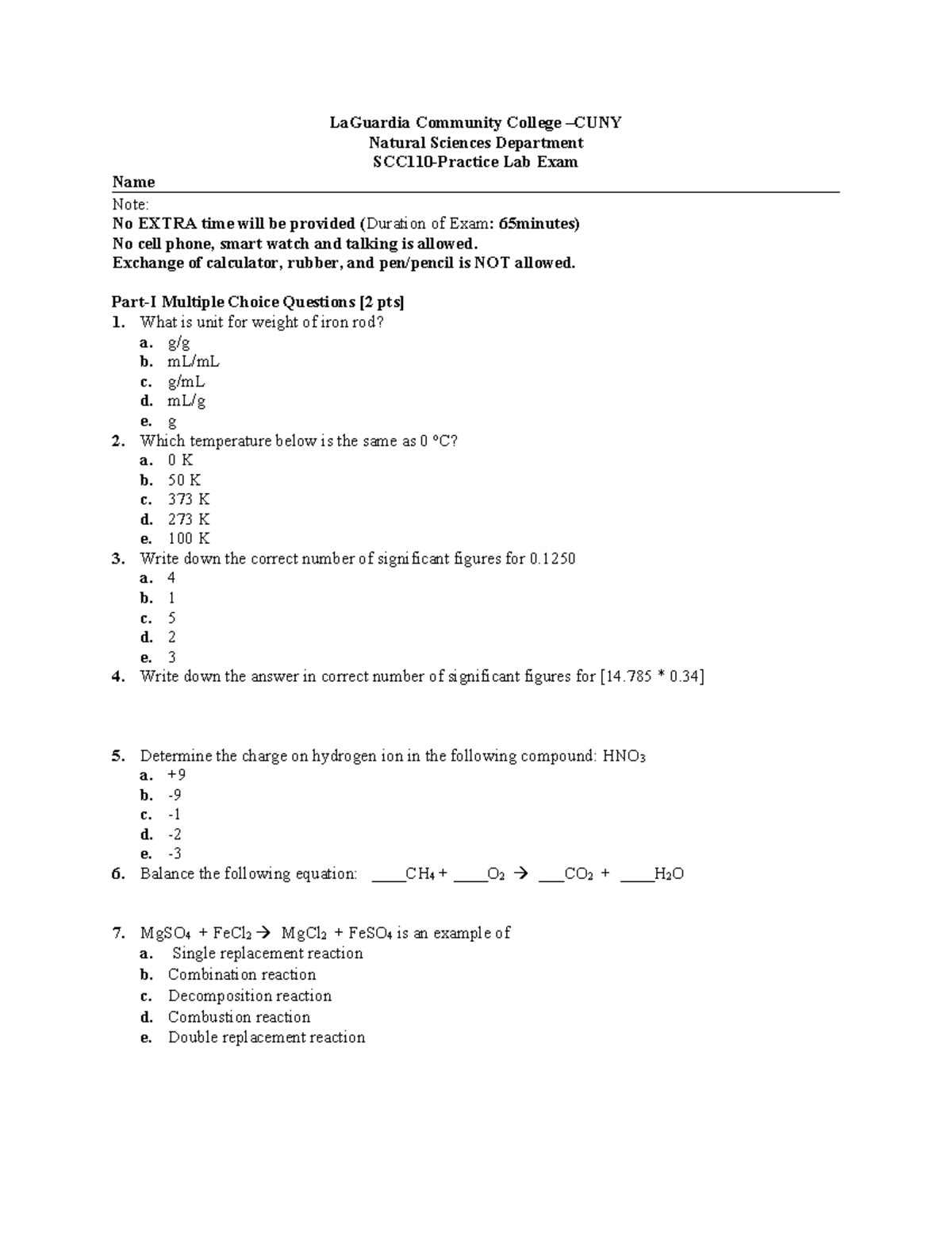 Practice Lab Exam Notes for SCC-110 Natural Sciences Department - Studocu
