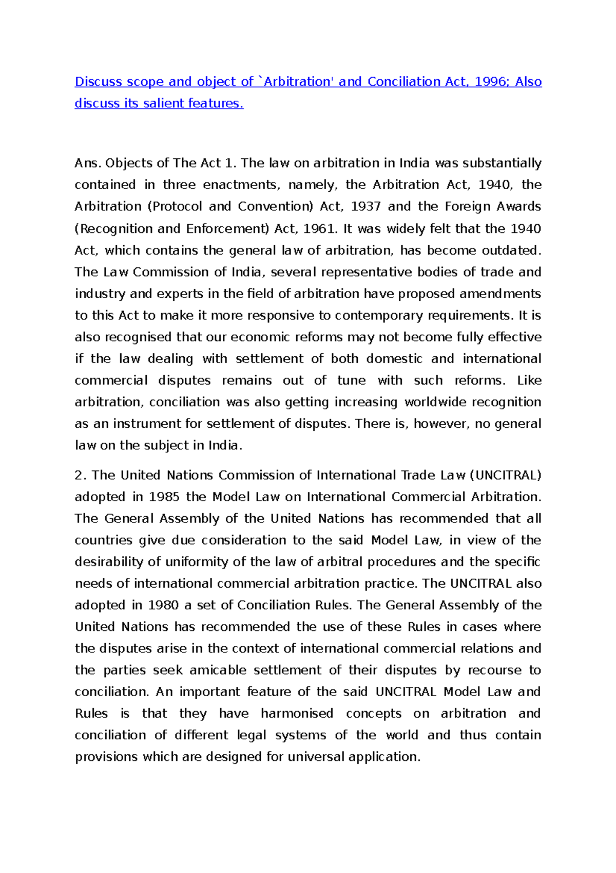 Scope and Features of Arbitration and Conciliation Act, 1996 - Studocu
