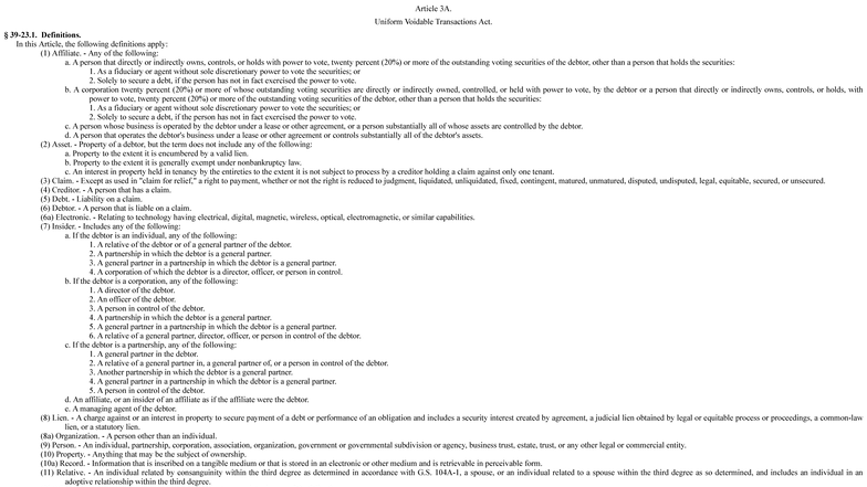 Chapter 39 - Article 3A: Uniform Voidable Transactions Act Definitions ...