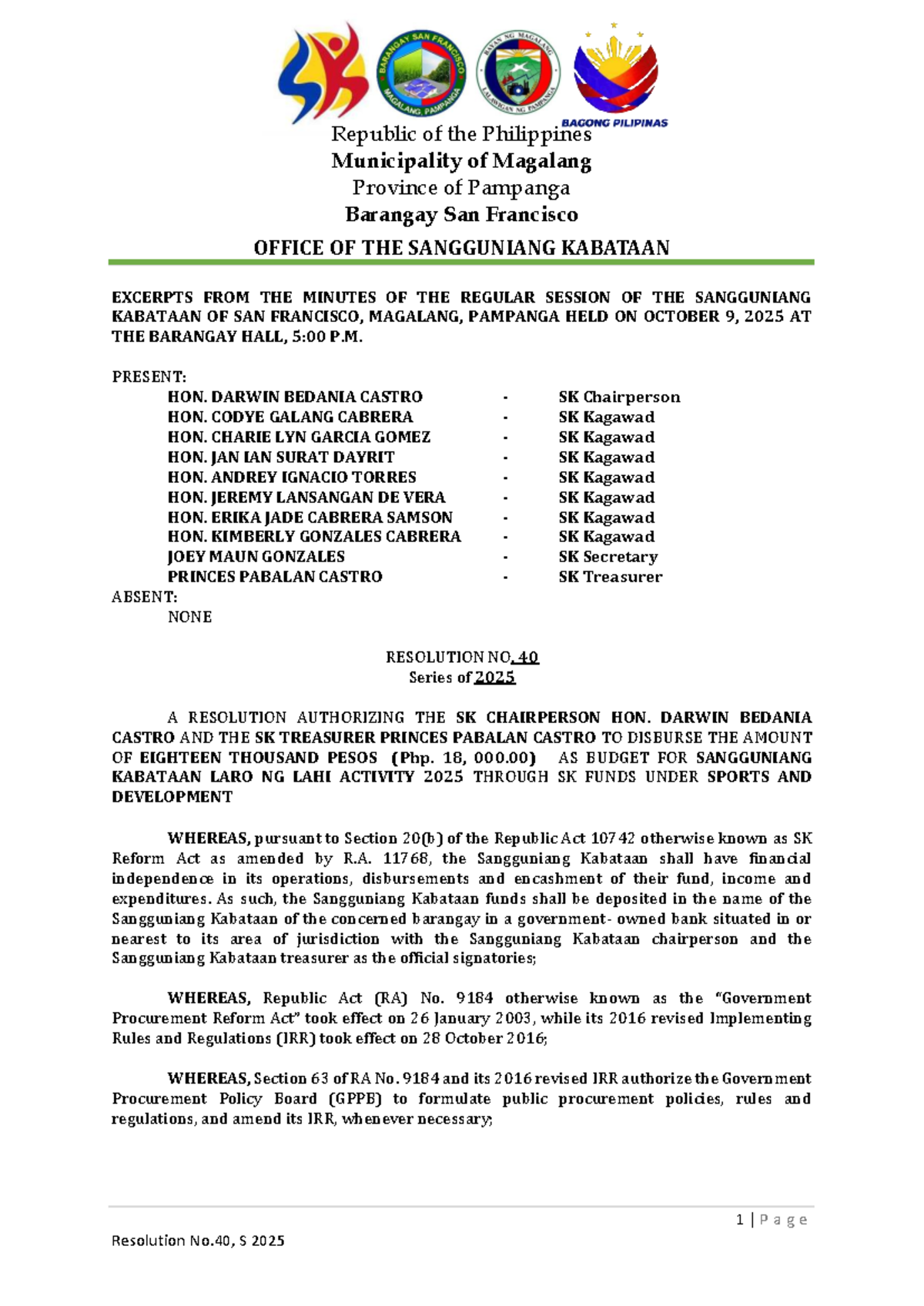 Resolution No. 40, S 2025: SK Disbursement for Laro ng Lahi Activity ...