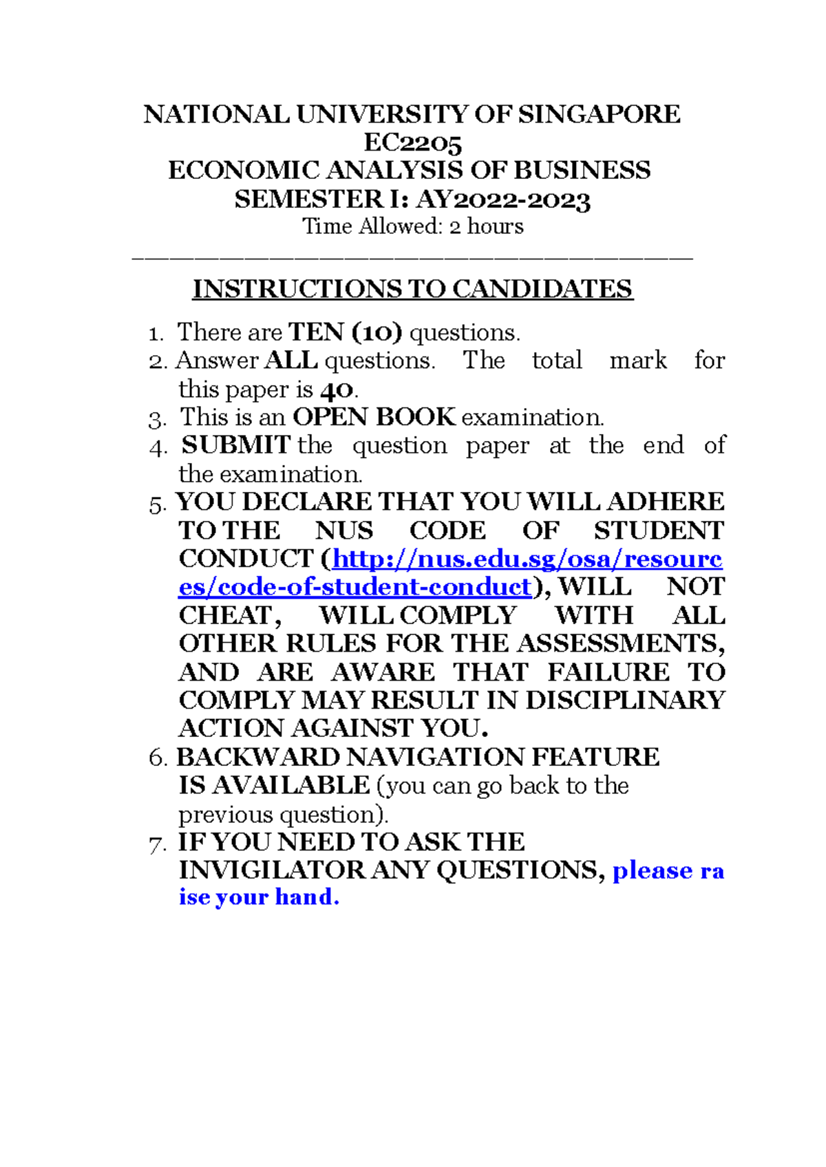 EC2205 - Final Exam Questions - Economic Analysis I 2022/2023 - Studocu