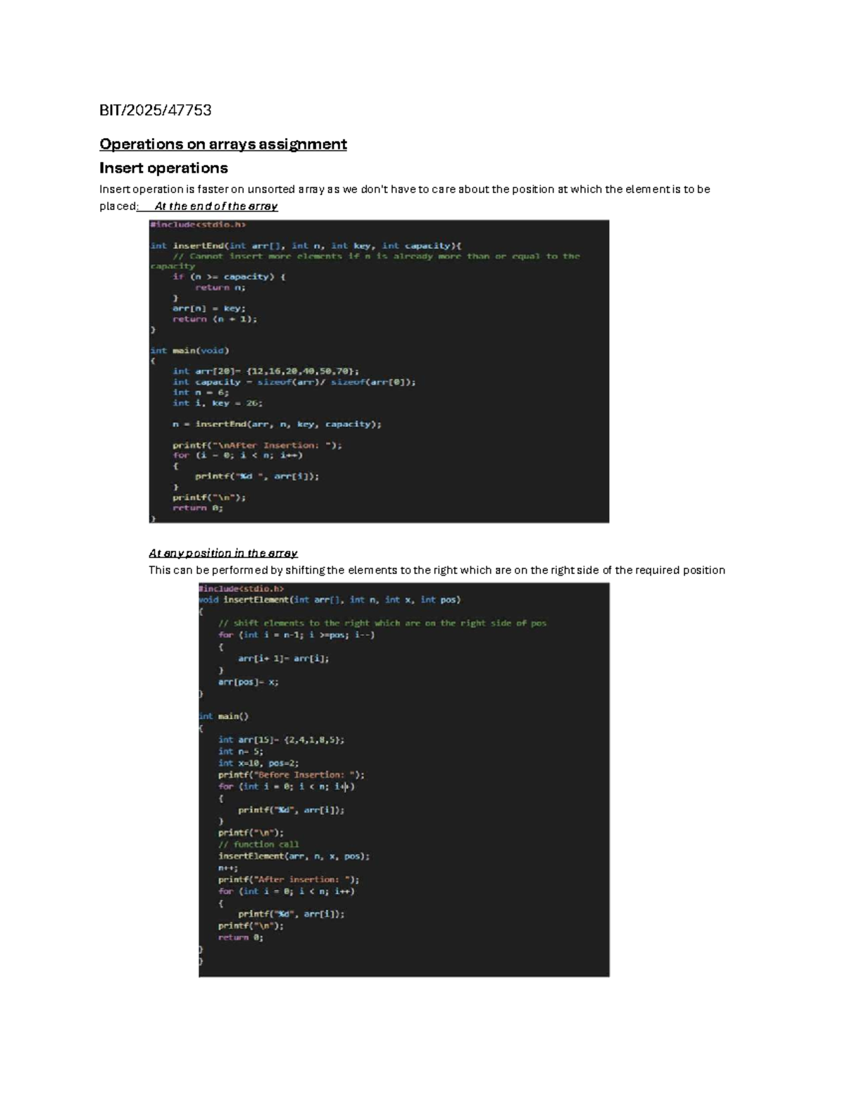Operations on Arrays Assignment: Insert, Search, Sort, Delete - Studocu