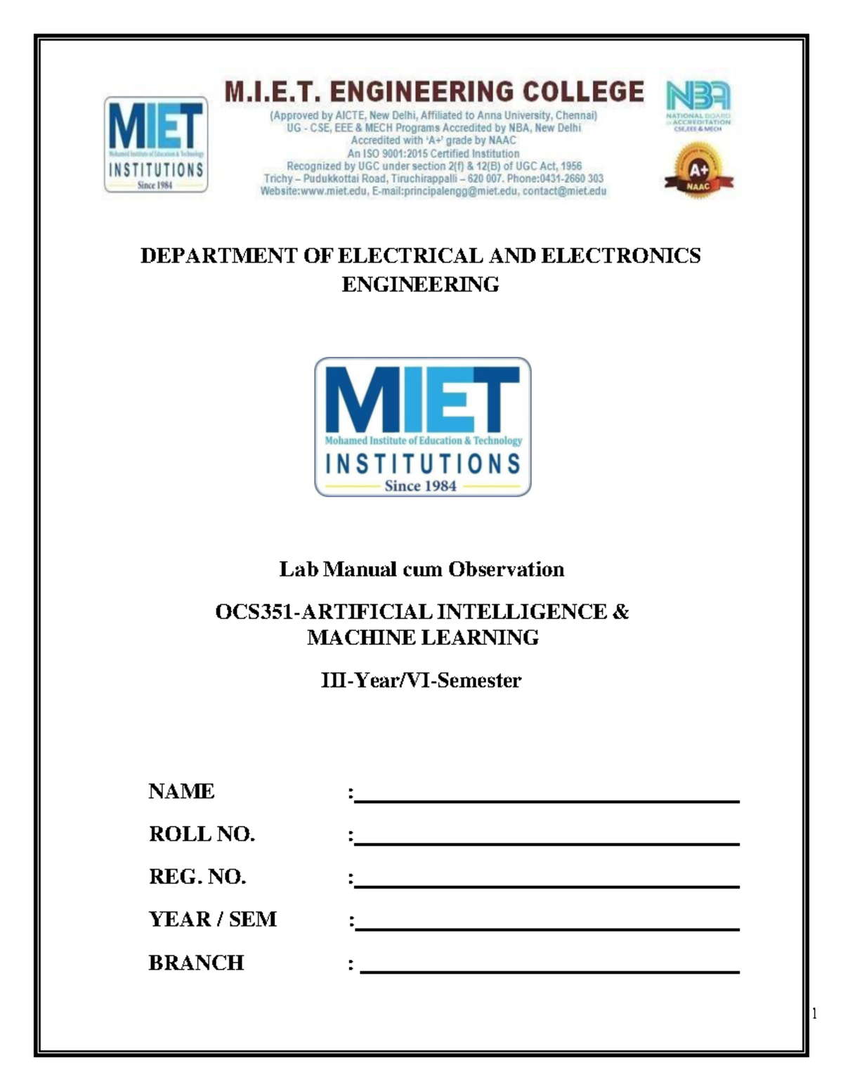 Lab Manual for AI & ML: Observations and Implementations - Studocu