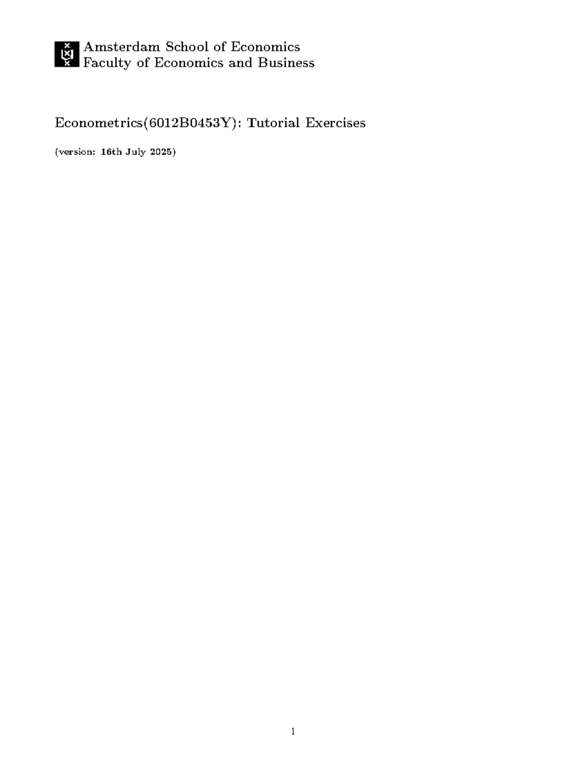 Econometrics Tutorial Exercises (6012B0453Y) - 2025/2026 - Studeersnel