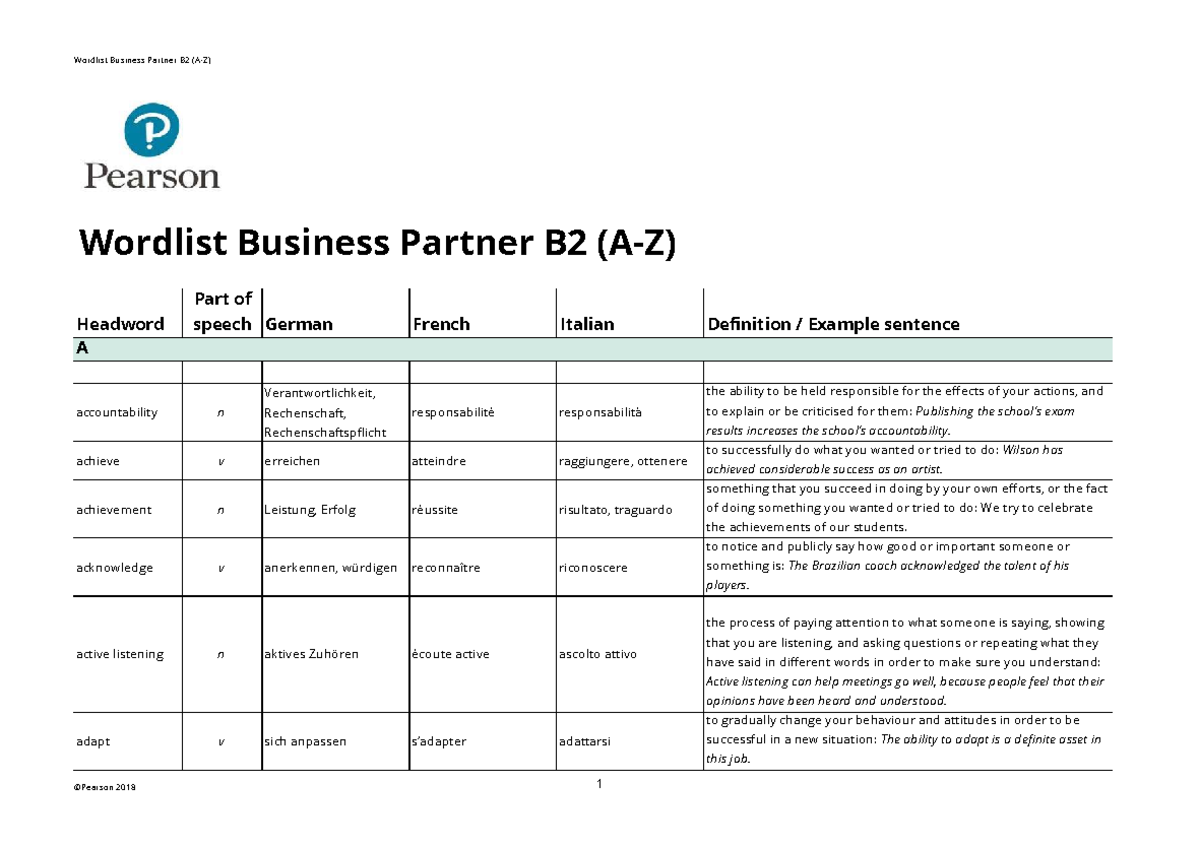 Wordlist Business Partner B2: Vocabulary and Definitions - Studocu