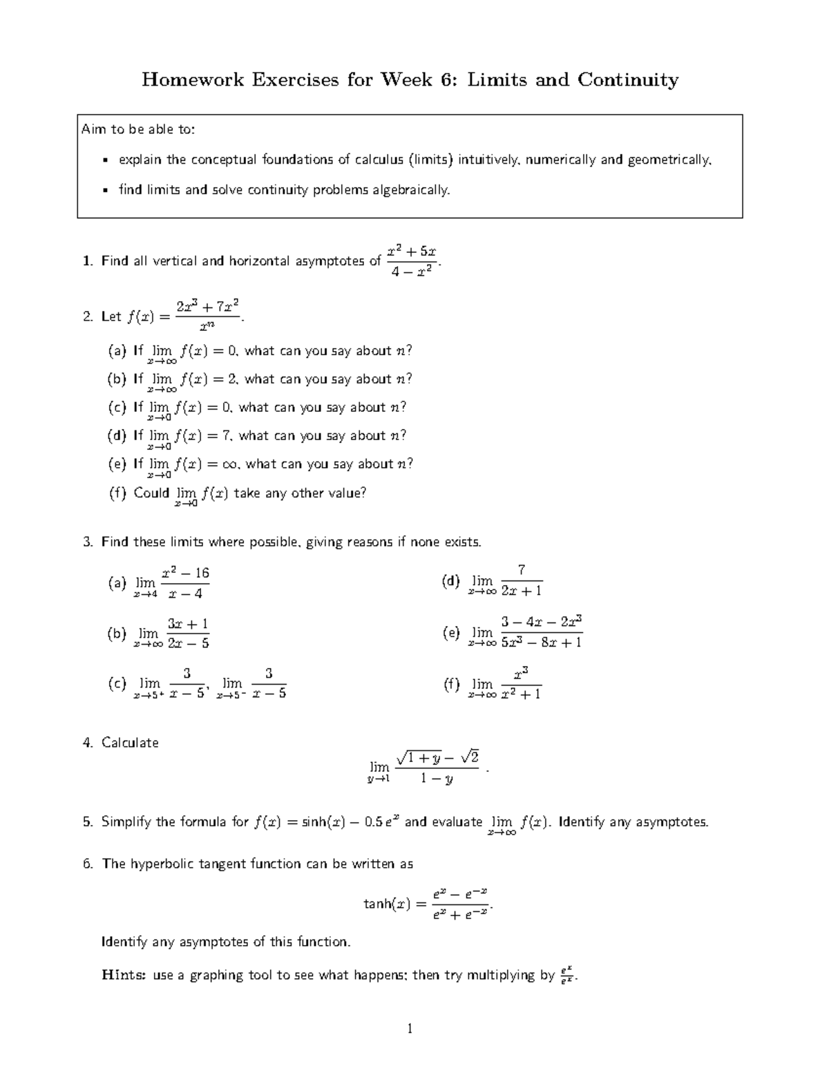 Week 6 Homework: Limits & Continuity Exercises - Studocu