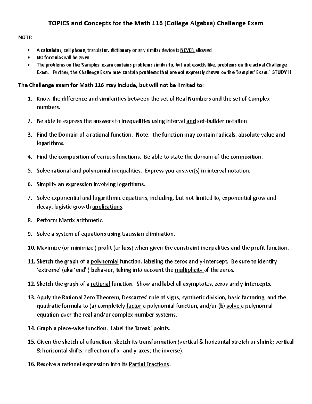 Topics M116 Challenge Exam - TOPICS and Concepts for the Math 116 ...