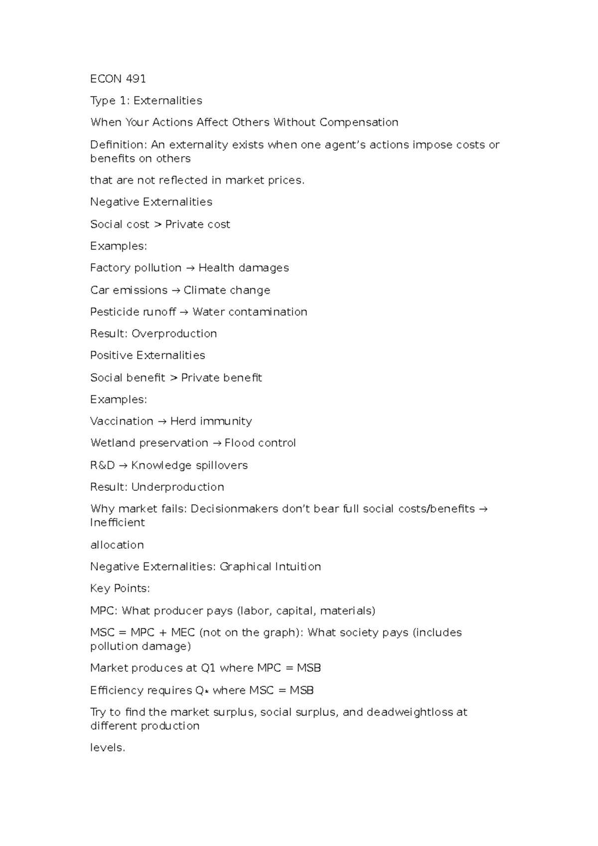 ECON 491 Final Exam Notes: Understanding Externalities and Public Goods ...