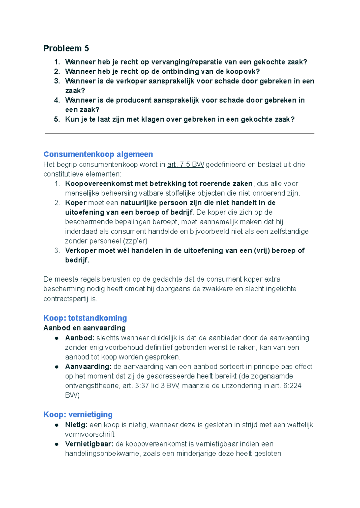 Probleem 5 Verbintenissenrecht: Consumentenkoop en Aansprakelijkheid ...