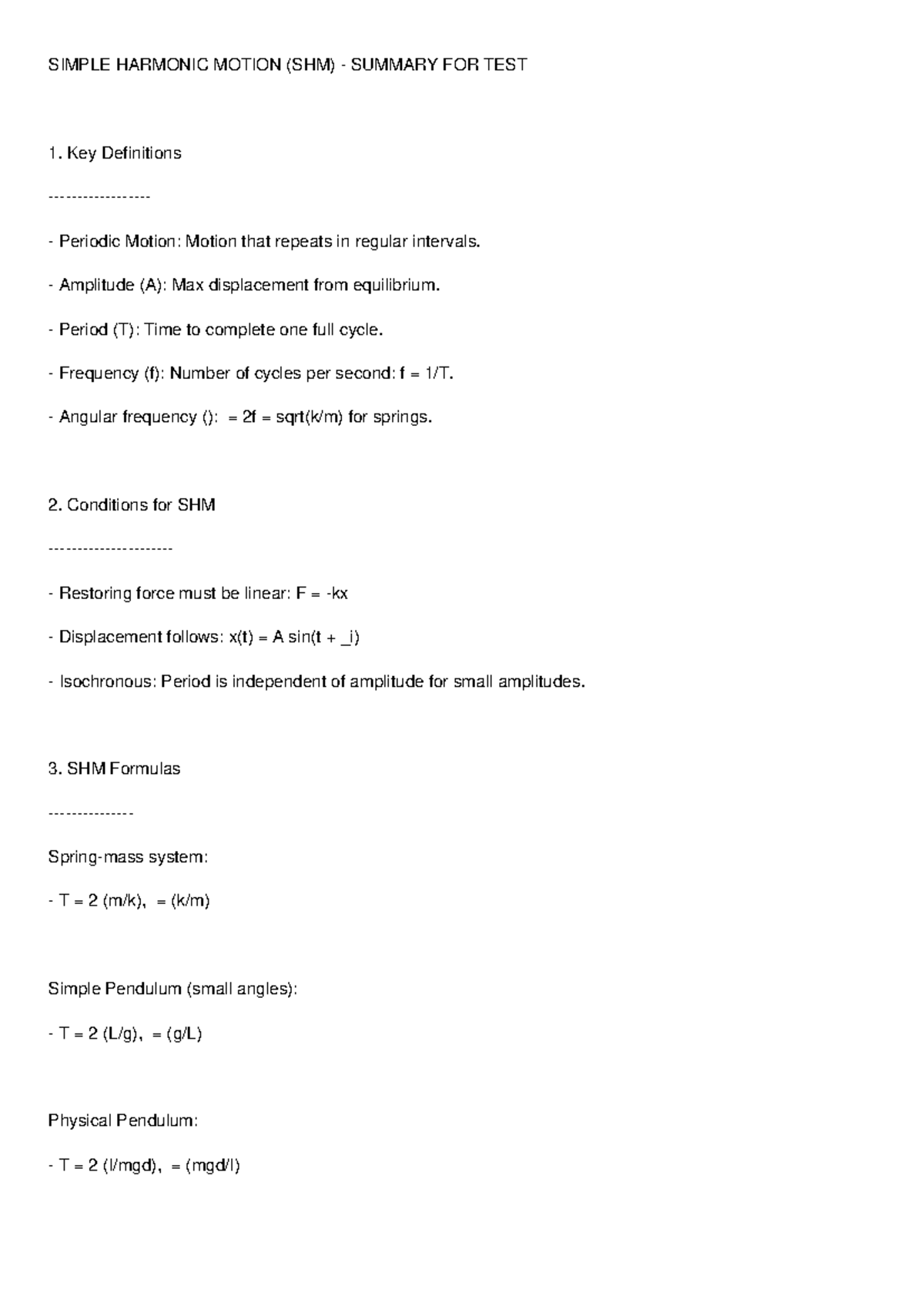SHM Test 1 Summary: Key Concepts & Formulas for Simple Harmonic Motion ...