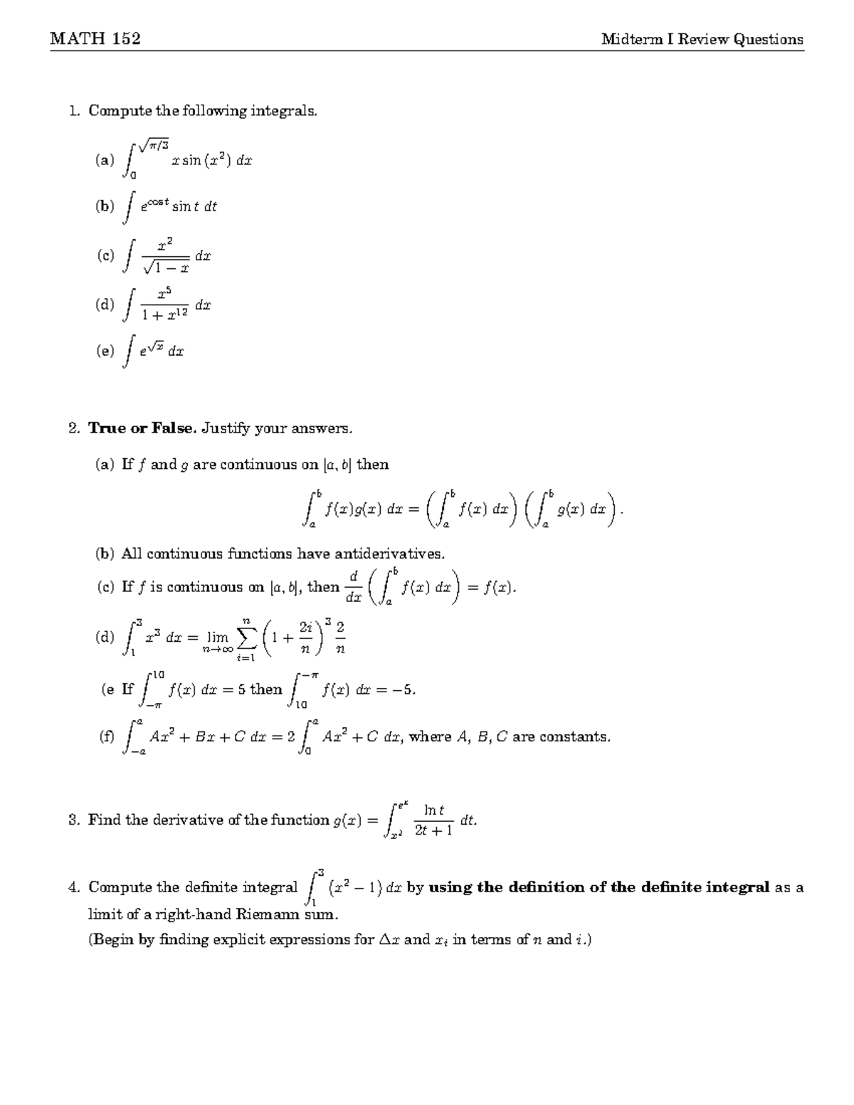 MATH 152 Midterm I Comprehensive Review Questions and Answers - Studocu
