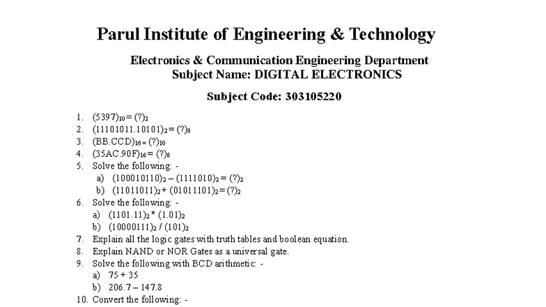 Digital Electronics Question Bank - 303105220 (Final Exam) - Studocu