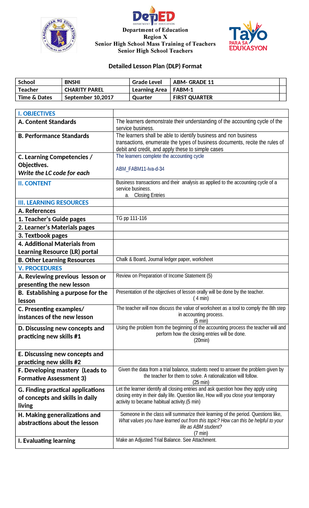 DLP Format for ABM Competencies - Grade 11 First Quarter - Studocu