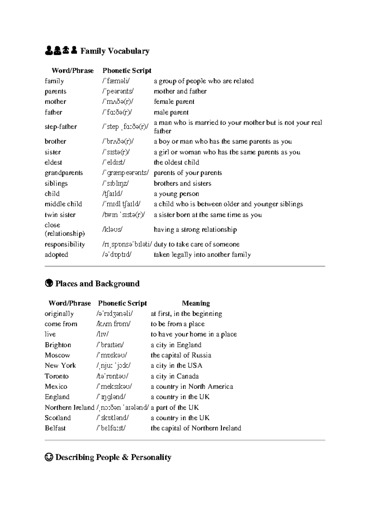 Family Vocabulary and Descriptions - English Language Study - Studocu