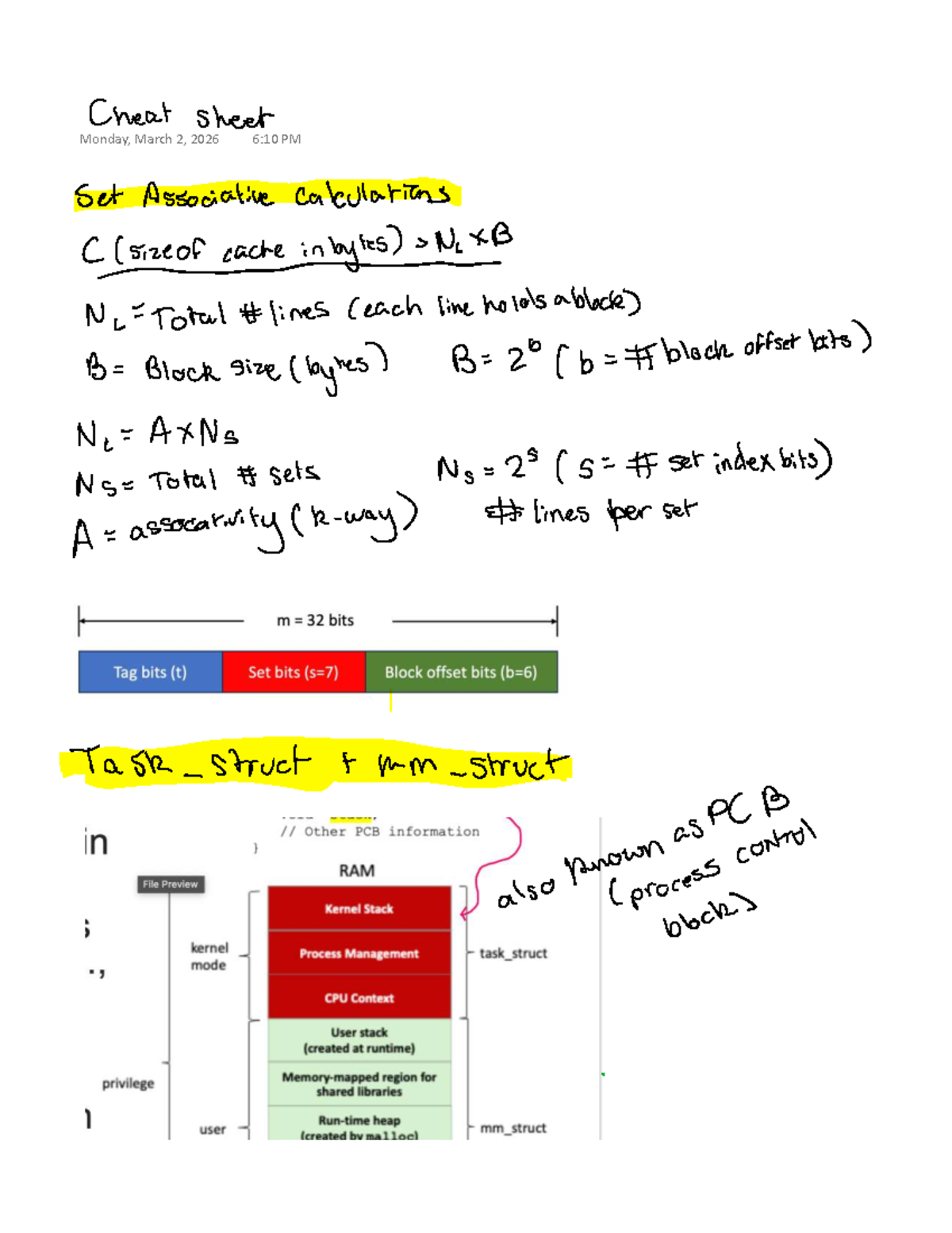 Set Associative Cache Calculations Cheat Sheet - Studocu