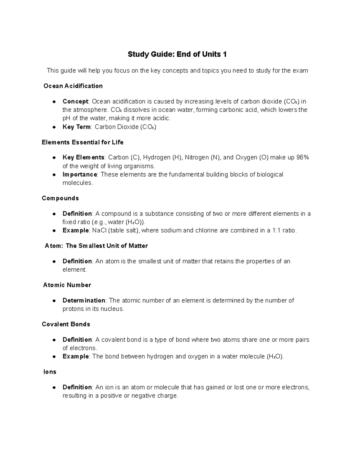 Study Guide for Biology 101: Key Concepts from Unit 1 - Studocu