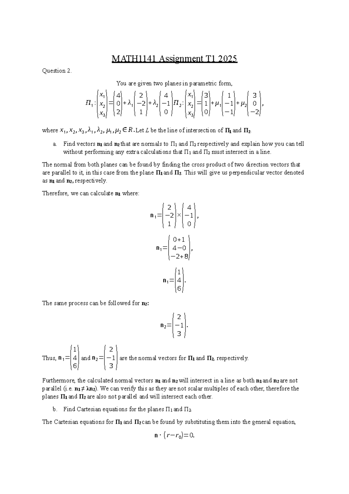 MATH1141 Assignment T1 2025: Analysis of Plane Intersections and Errors ...