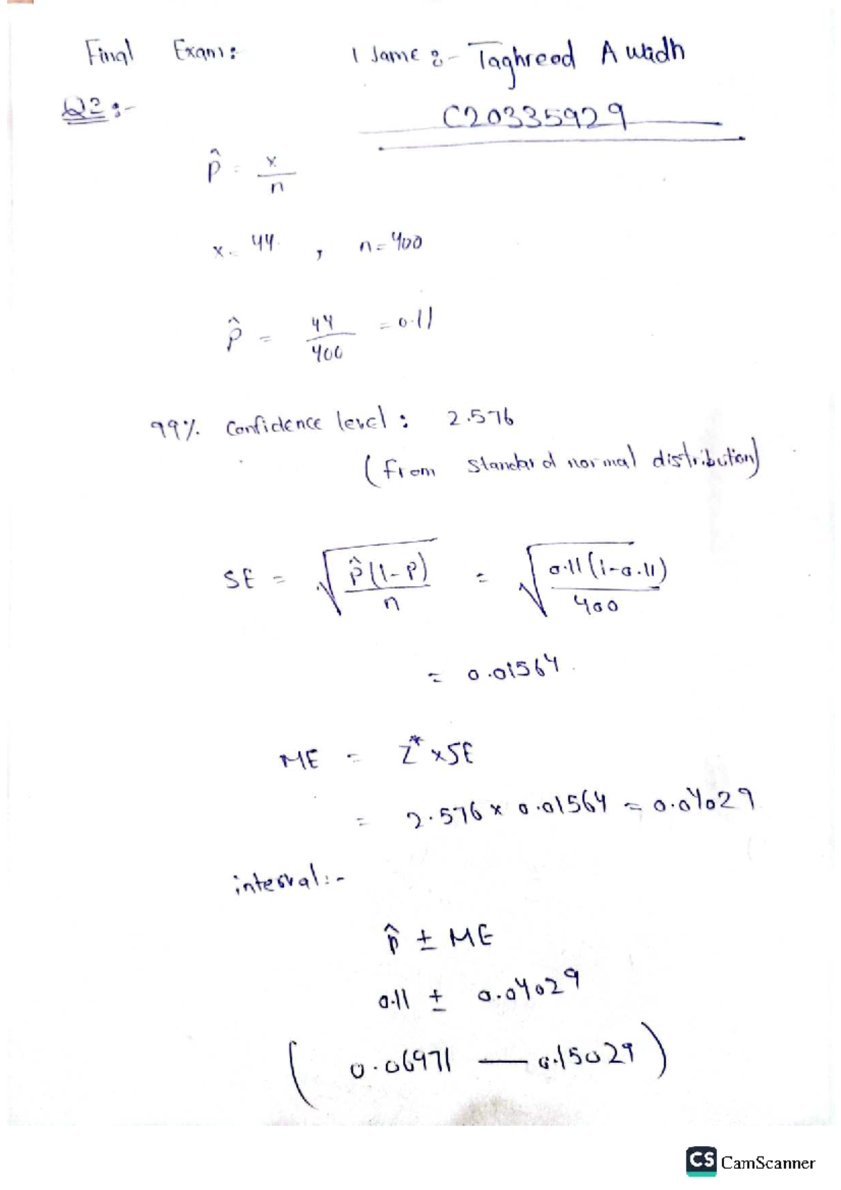 Final Exam: Statistical Analysis and Confidence Intervals C20335929 ...