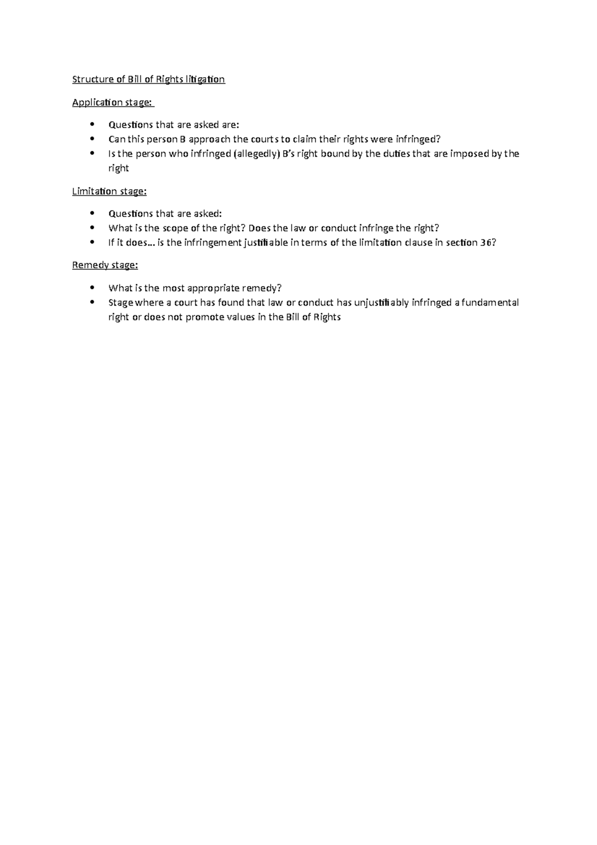 Structure of Bill of Rights Litigation: Stages & Key Questions - Studocu
