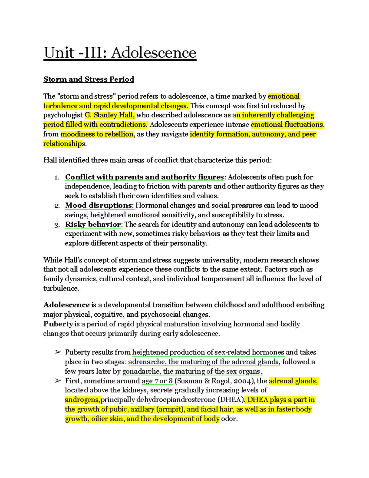 Unit III: Understanding Adolescence - Key Concepts and Developmental ...