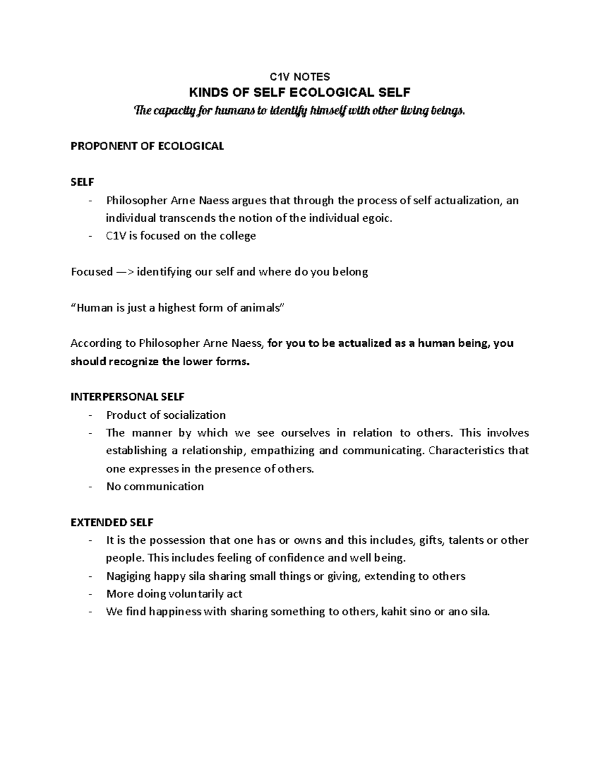 C1V - BSN-1-K - Chapter 8: Understanding the Ecological Self - Studocu
