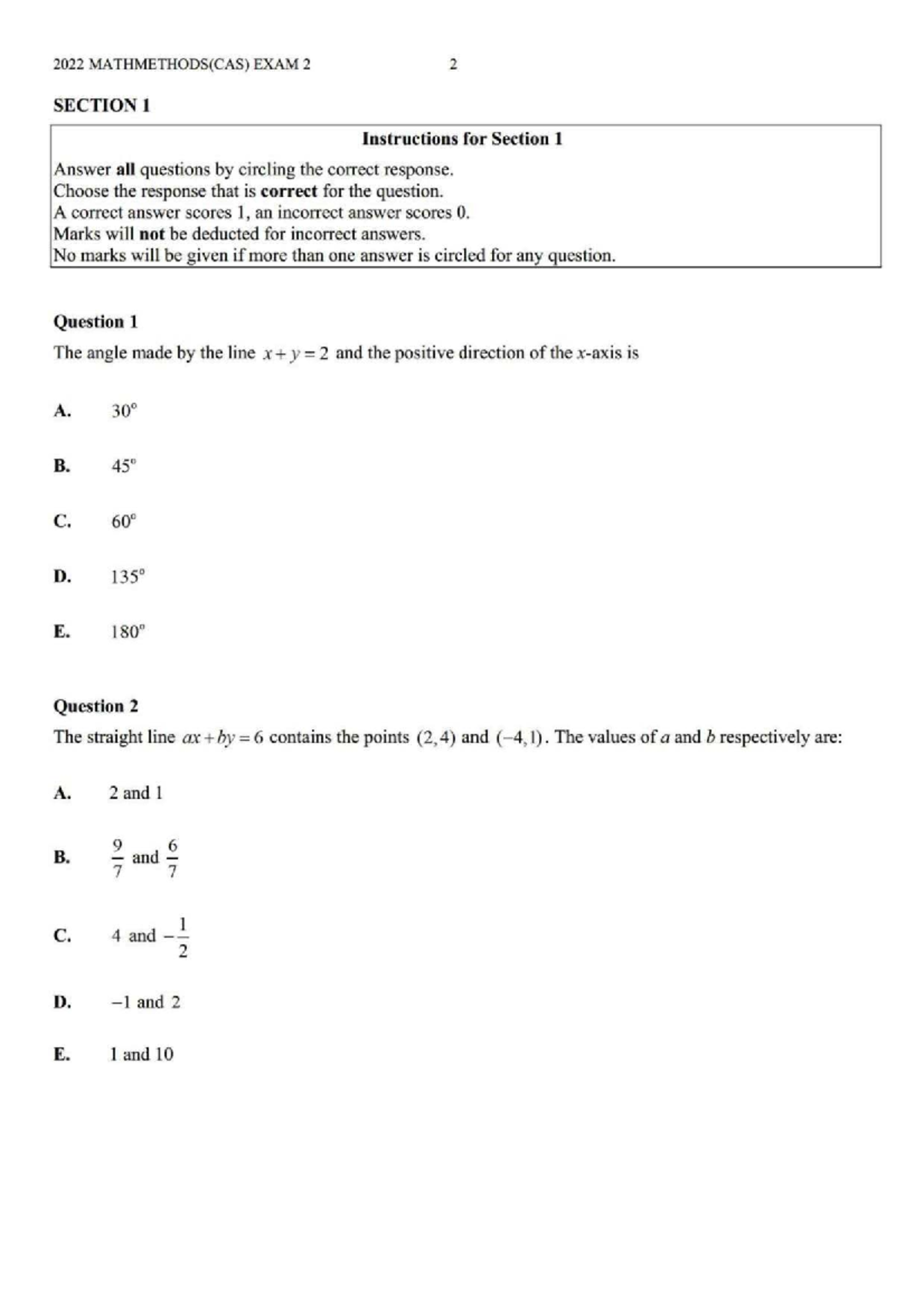 2022 MATHMETHODS(CAS) EXAM 2 Section 1 Questions and Answers - Studocu