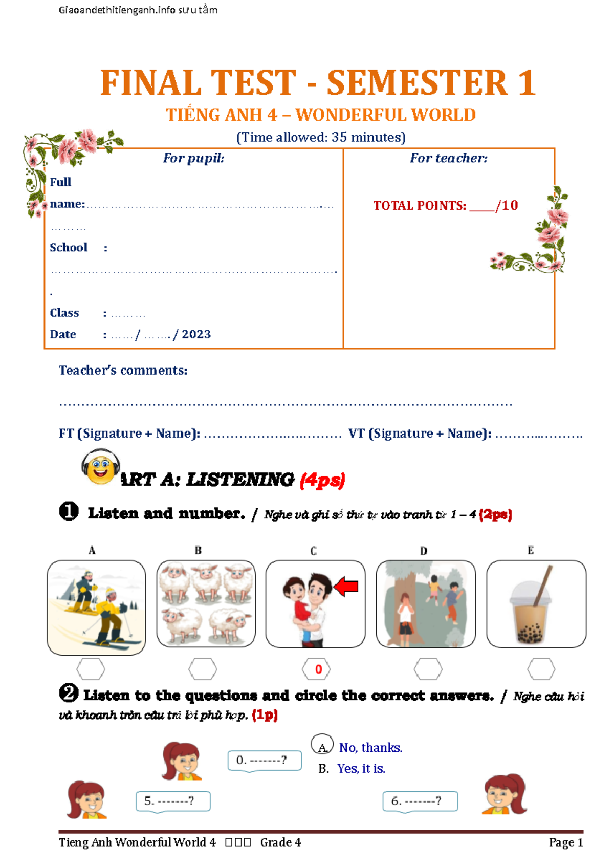 Đề HK 1 (4 Kỹ năng) - Đề tiểu học - FINAL TEST - SEMESTER 1 TIẾNG ANH 4 ...