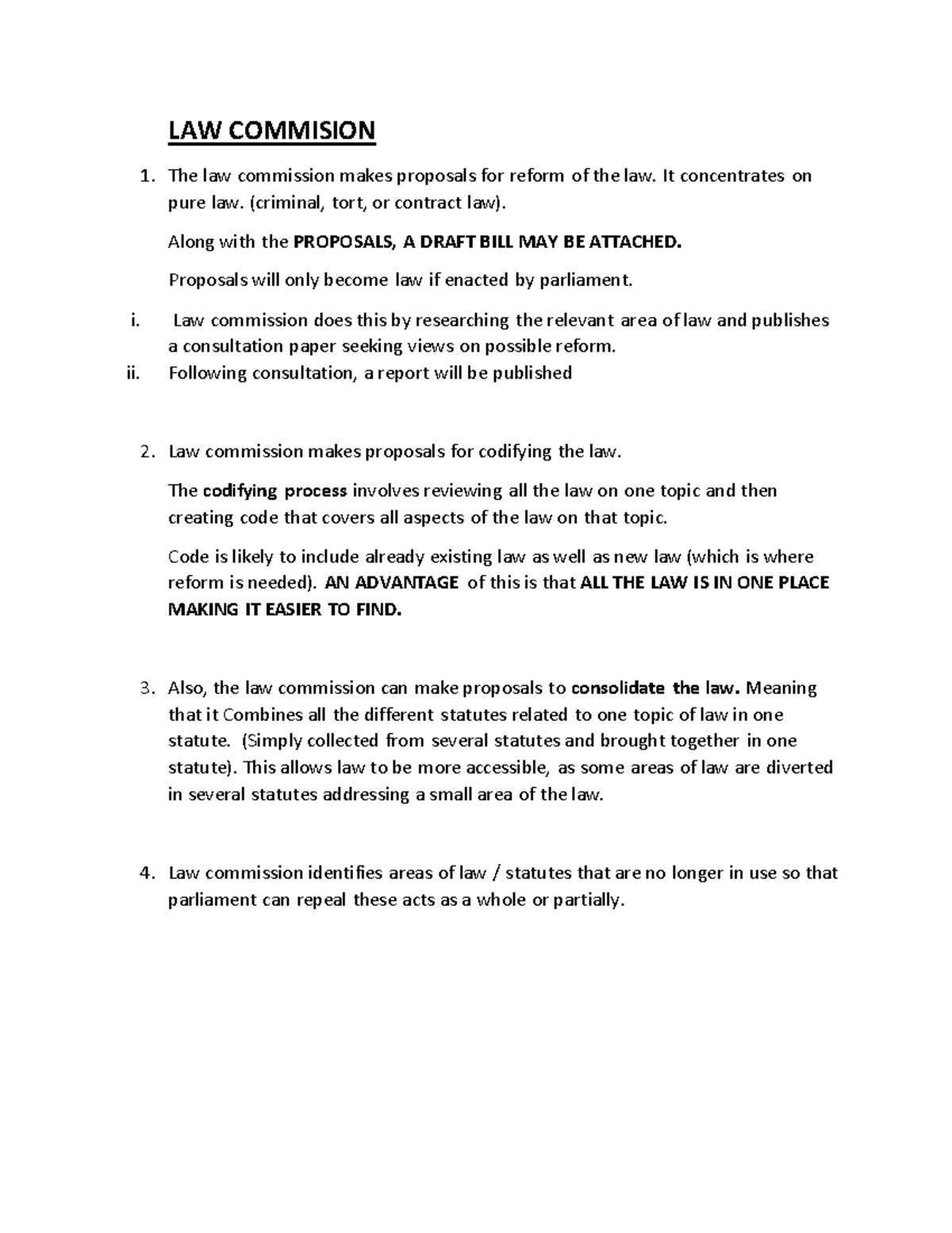 LAW 101 - Summary Notes on Law Commission Proposals for Reform - Studocu