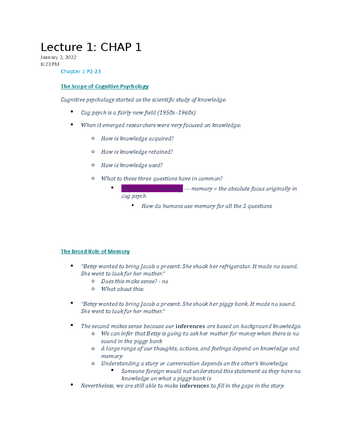 PS 260 - Lecture Notes on Cognitive Psychology: Chapter 1 Insights ...