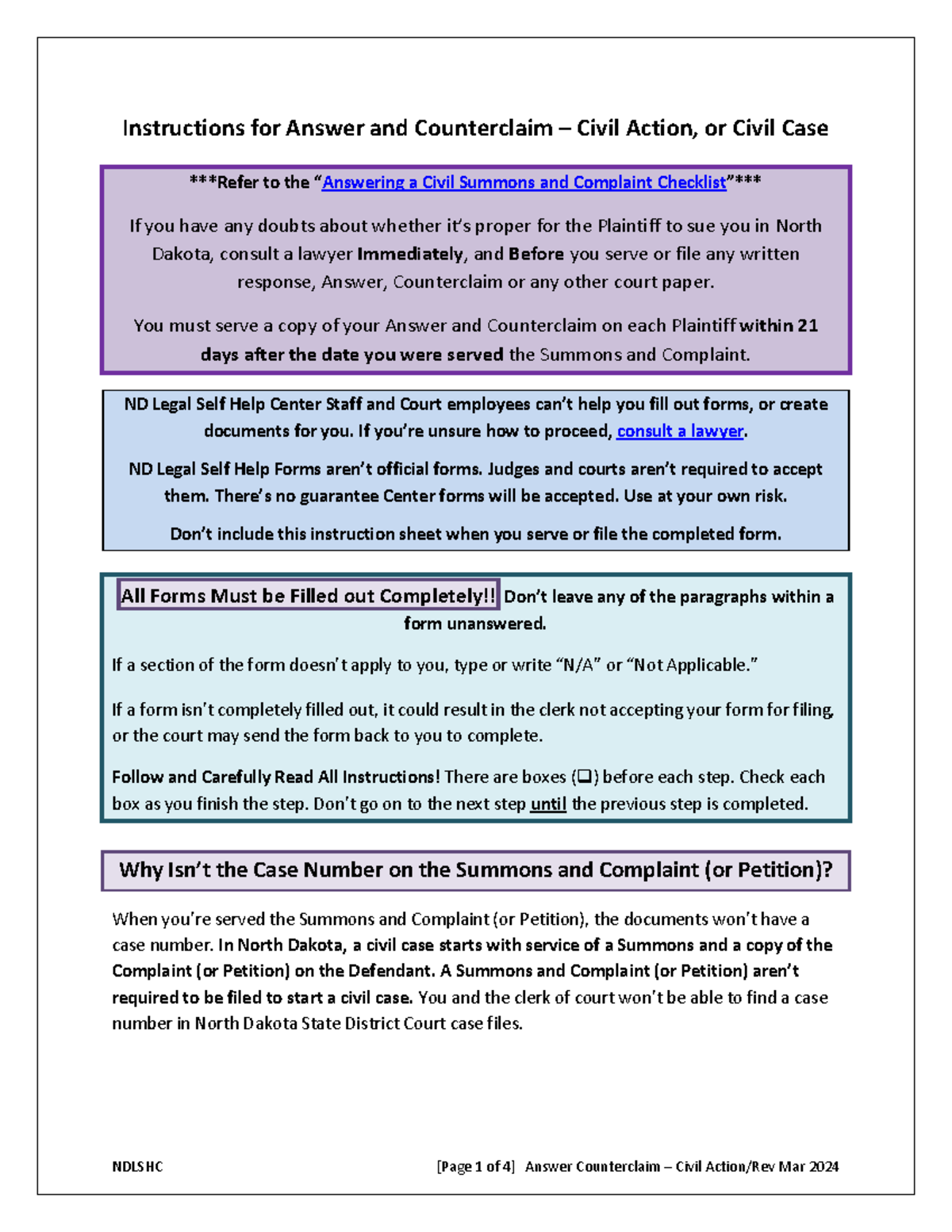 Answer & Counterclaim Instructions for Civil Action (NDLSHC) - Studocu