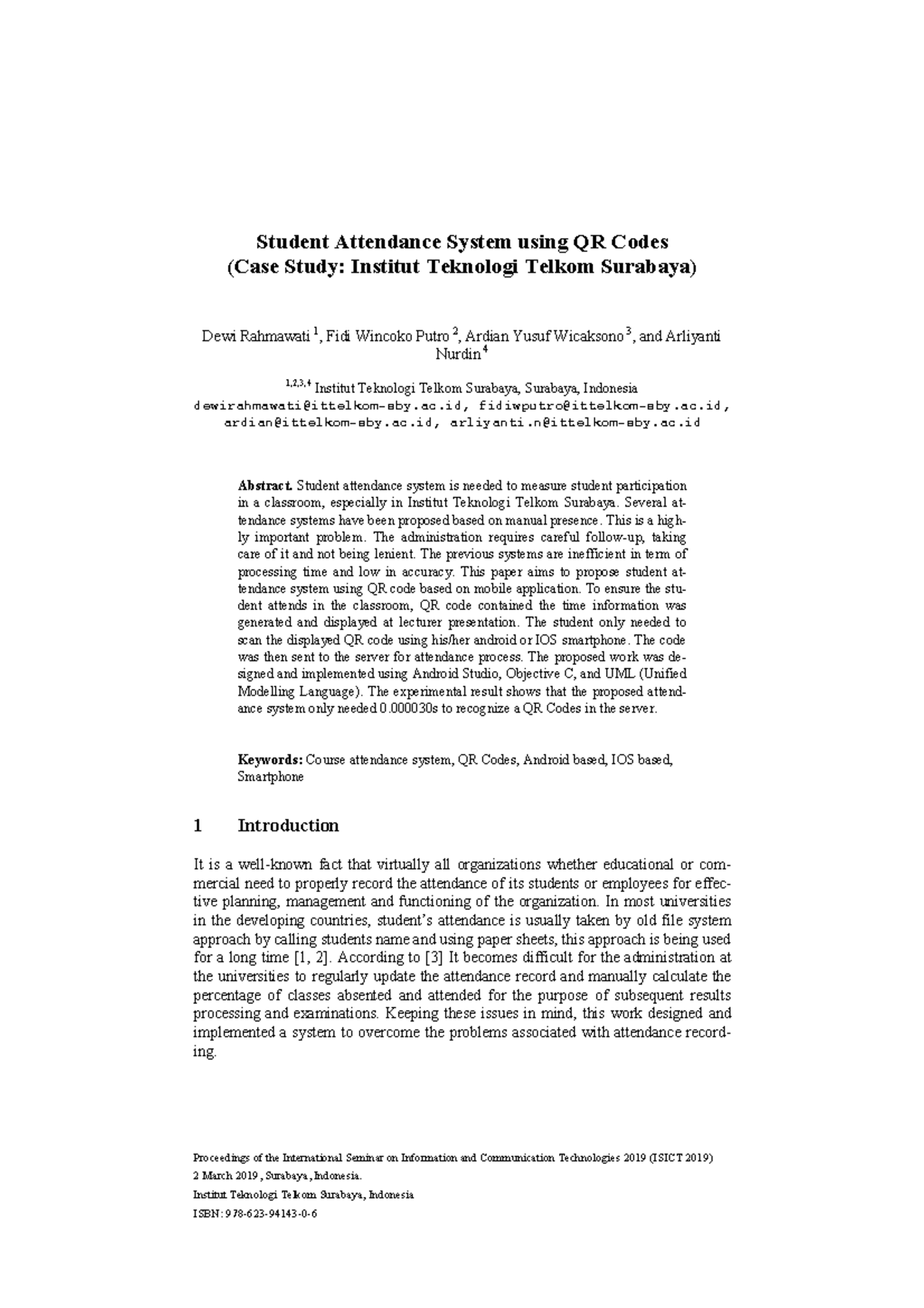 Student Attendance System using QR Codes: A Case Study (ITTS 2019 ...