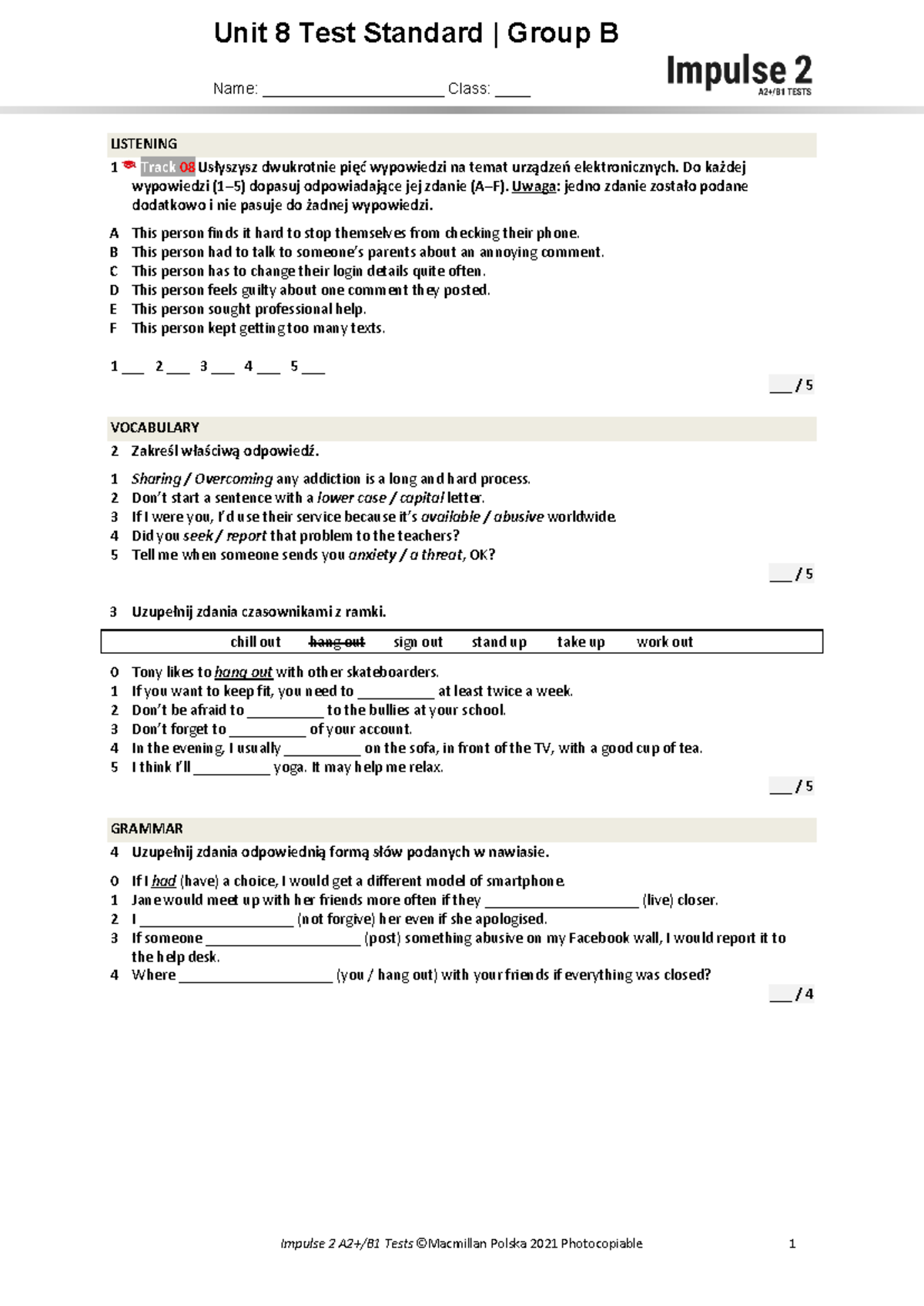 Unit 8 Test Standard B - Listening and Vocabulary Exercises - Studocu