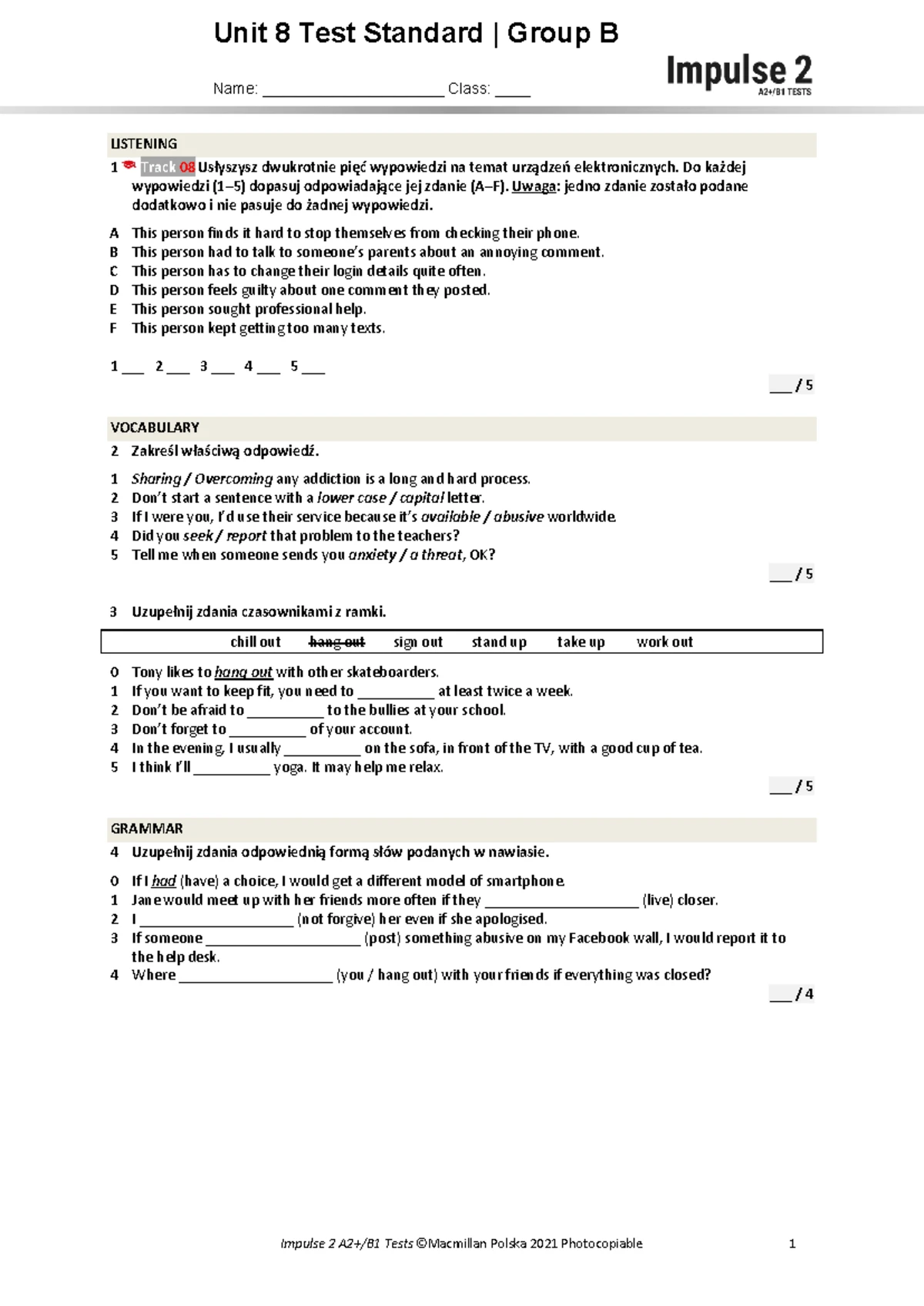 Unit 5B B1+ English Test - Listening, Reading & Writing Übungen - Studocu