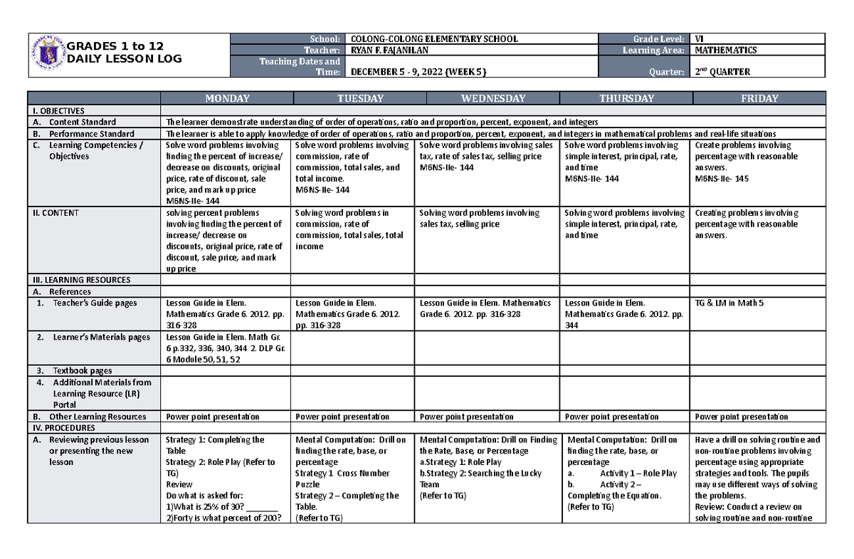 DLL Mathematics 6 Q2 W5 - Daily Lesson Log for Grade VI Activities ...