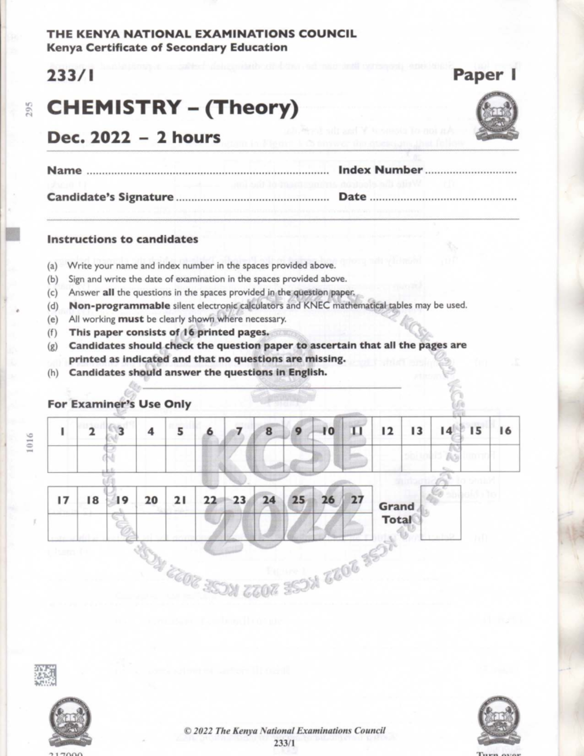 KCSE 295 Chemistry Paper I Practice Questions - Dec 2022 - Studocu