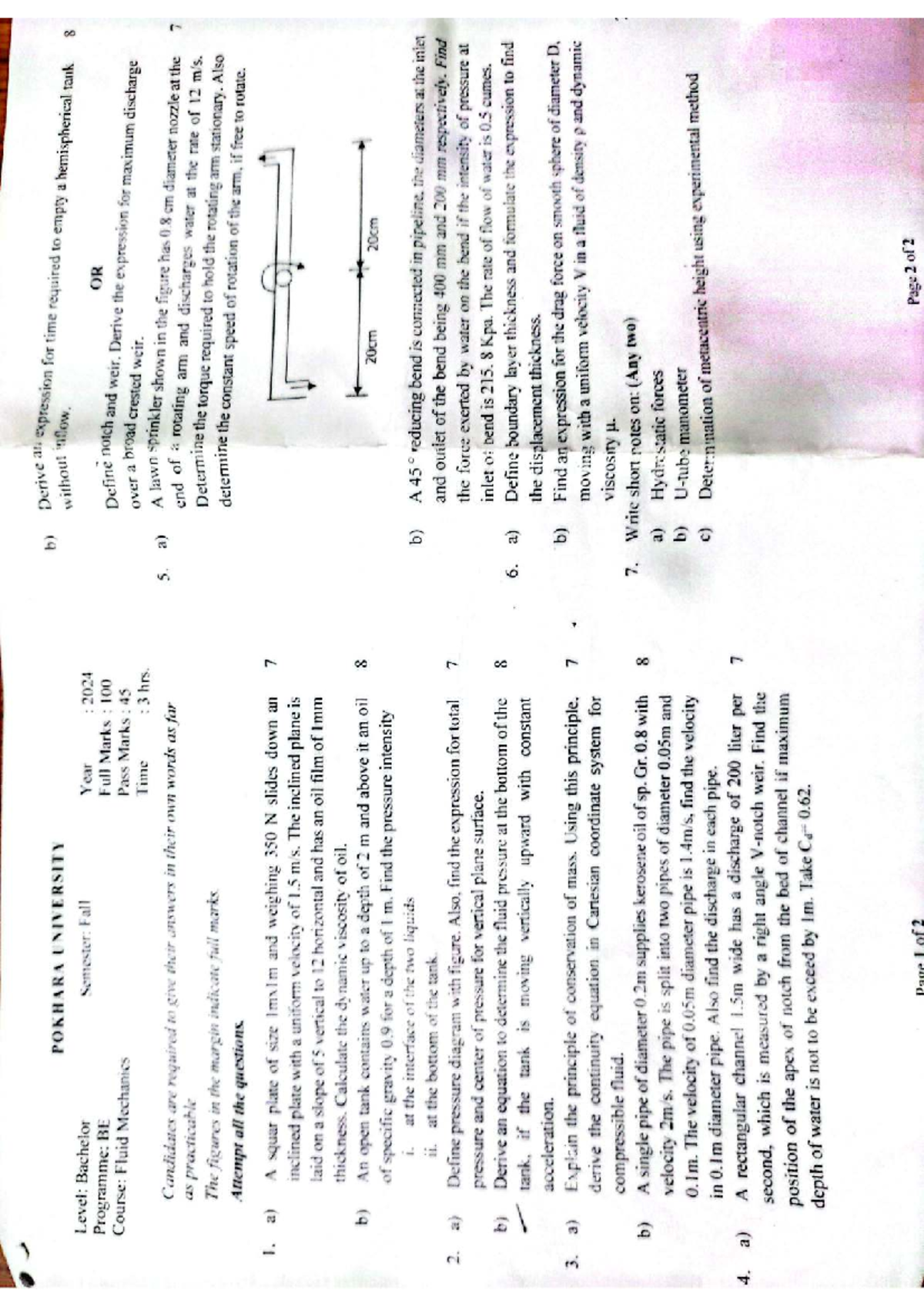Fluid Mechanics 2024 Fall Exam Questions - Studocu