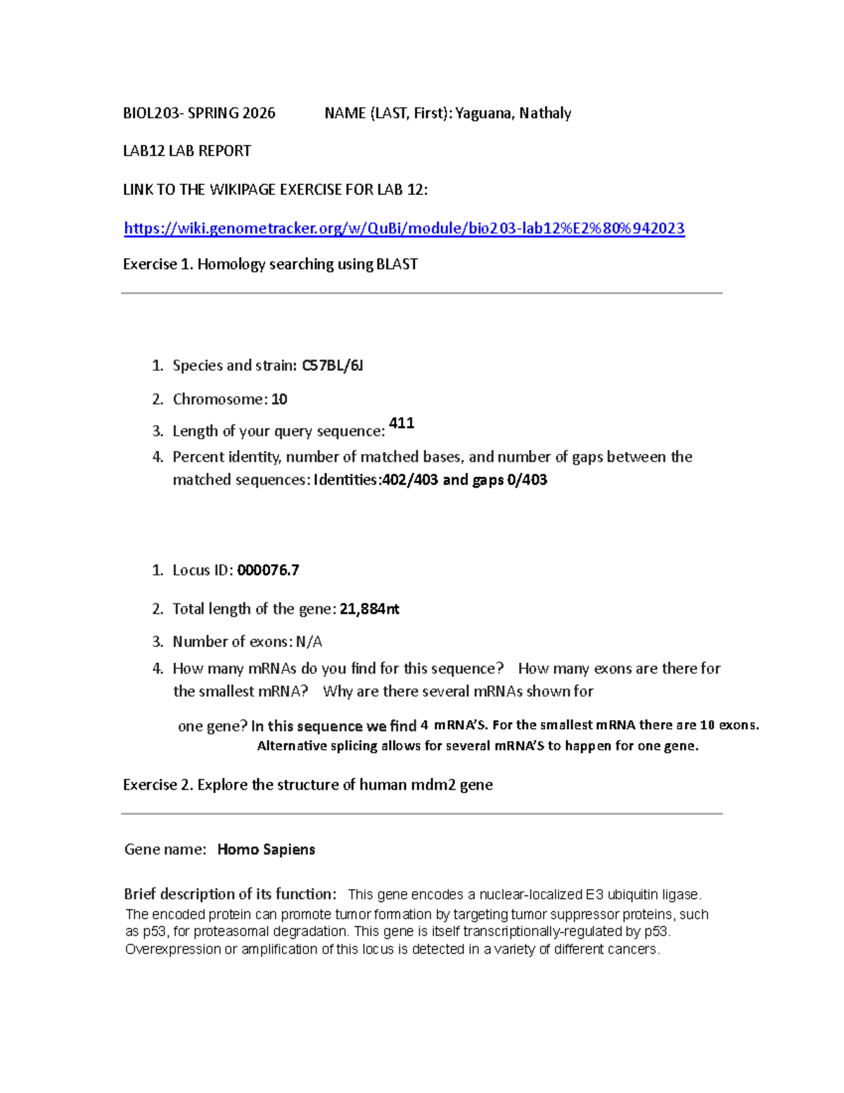 BIOL203 LAB12: Homology Searching & MDM2 Gene Analysis Report - Studocu