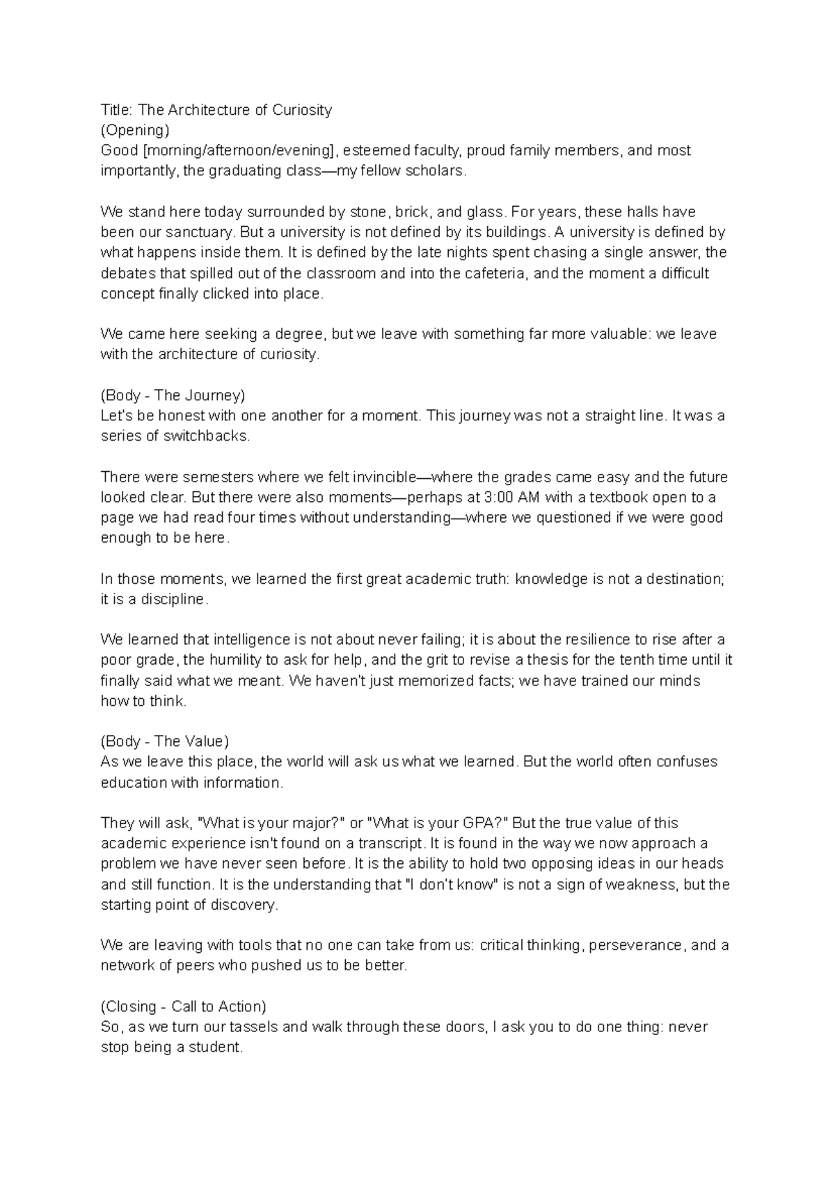 The Architecture of Curiosity: NAHSH Graduation Speech - Studocu