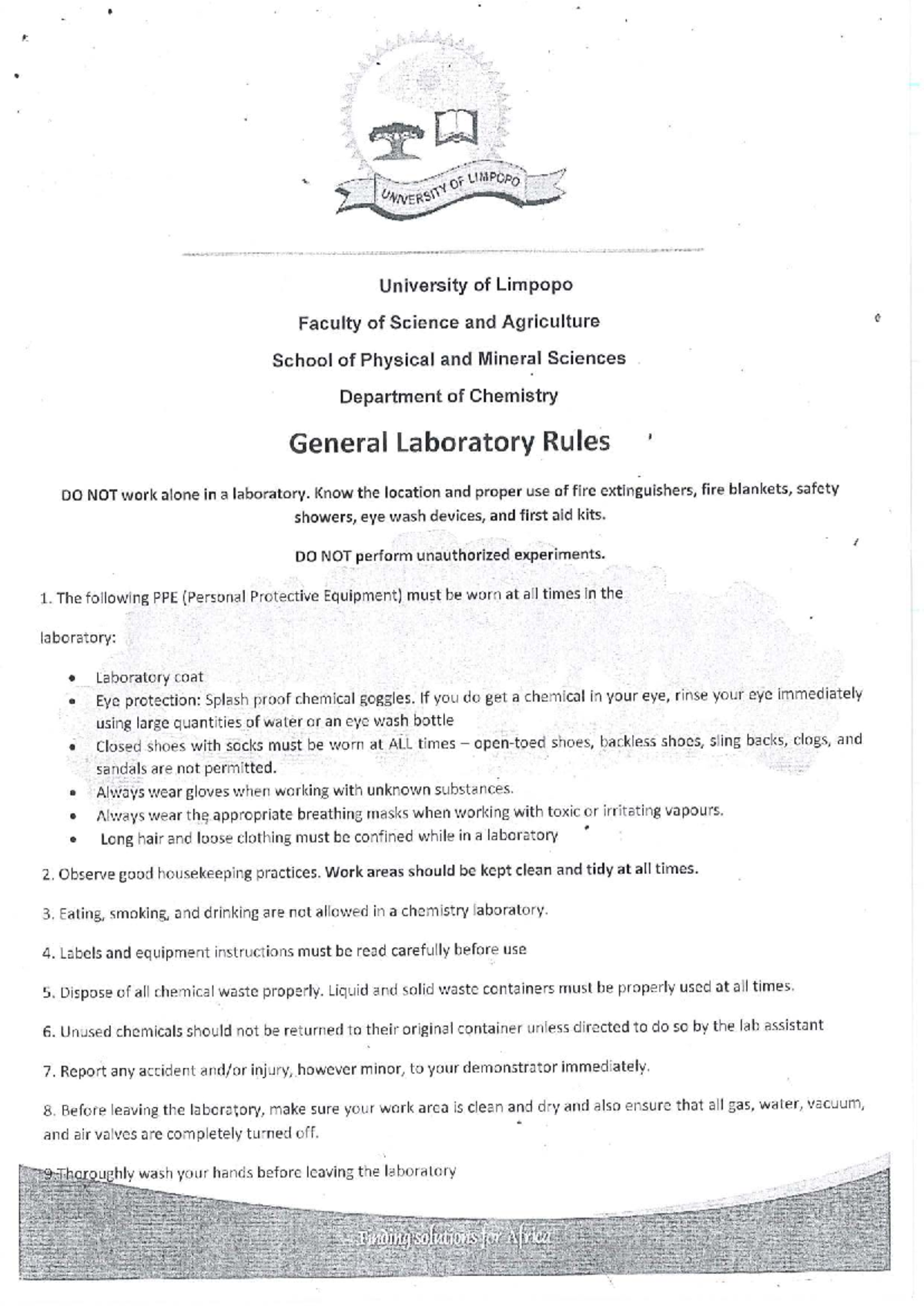 General Laboratory Rules for Chemistry - University of Limpopo - Studocu