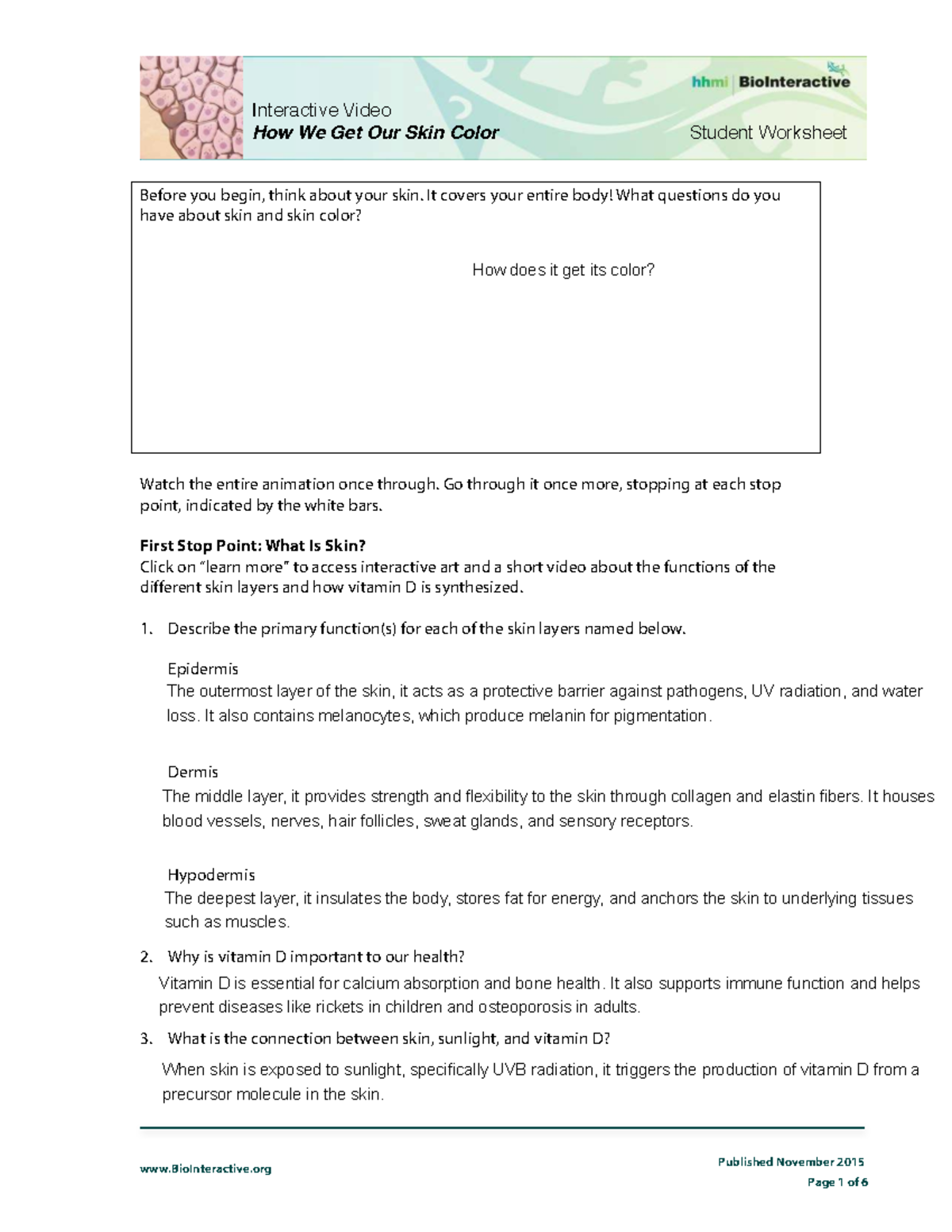 Interactive Video: Understanding Skin Color - Student Worksheet - Studocu