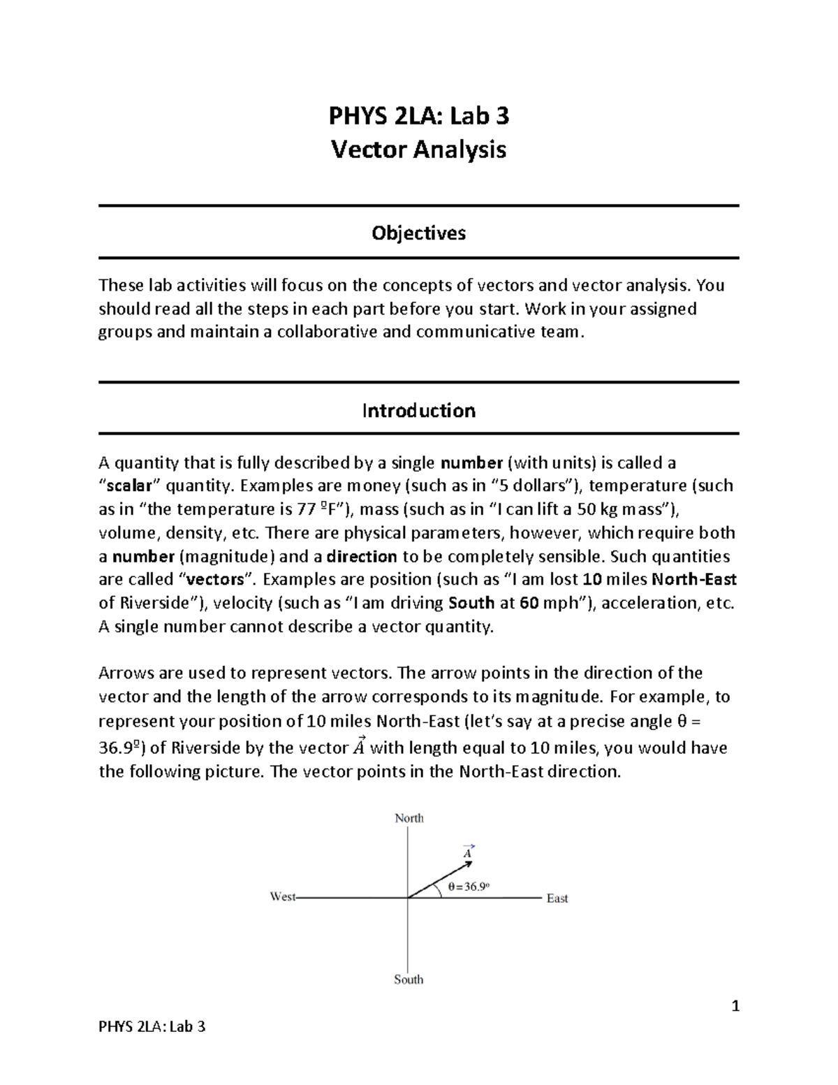 Lab 3 - Vector Analysis - 1 PHYS 2LA: Lab 3 Vector Analysis Objectives ...