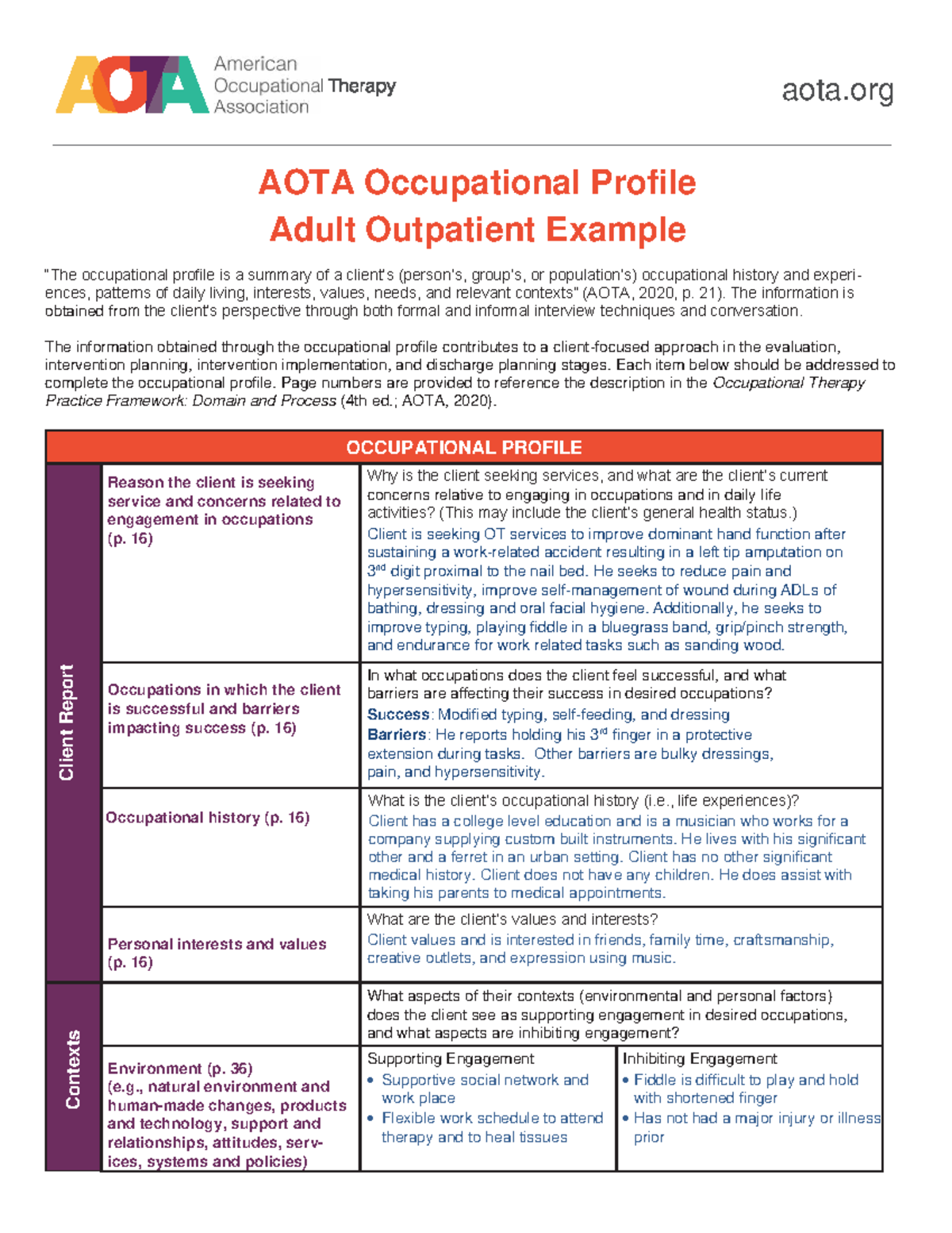 AOTA OT Adult Outpatient Profile Example: Client Evaluation & Goals ...