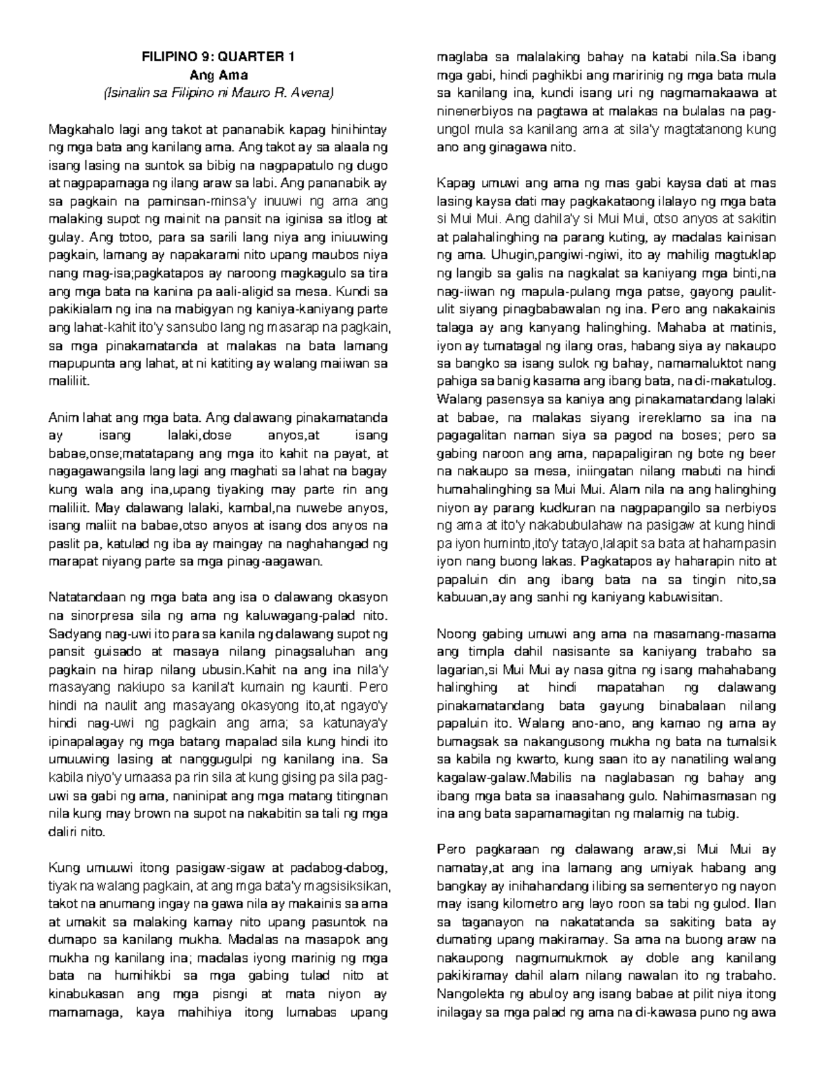 Filipino 9 Q1 - Summary and Analysis of 